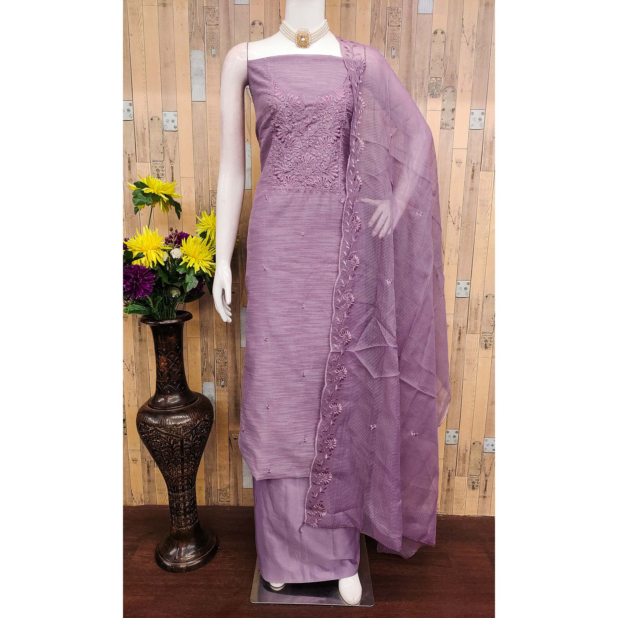 Festive Wear Lavender Floral Embroidered Unstitched Cotton Blend Dress Material