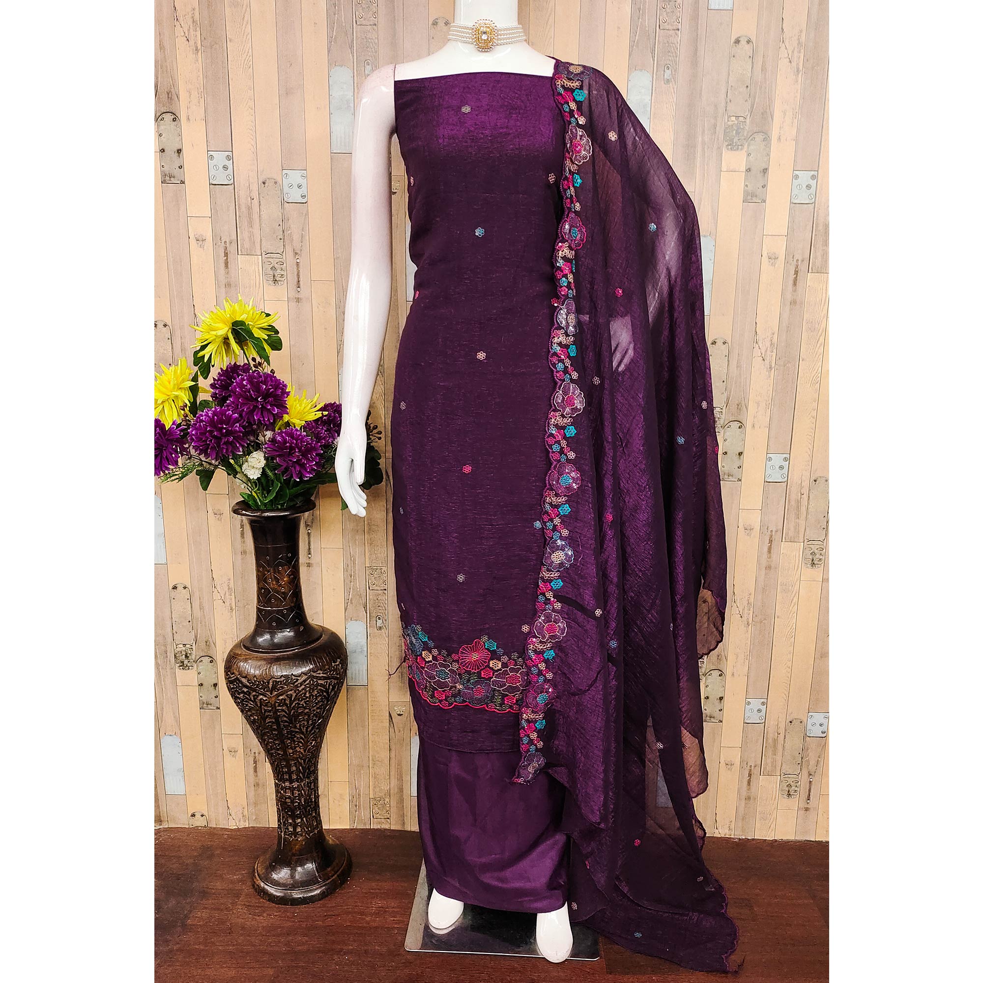 Festive Unstitched Deep Purple Cotton Blend Dress Material with Floral Embroidery