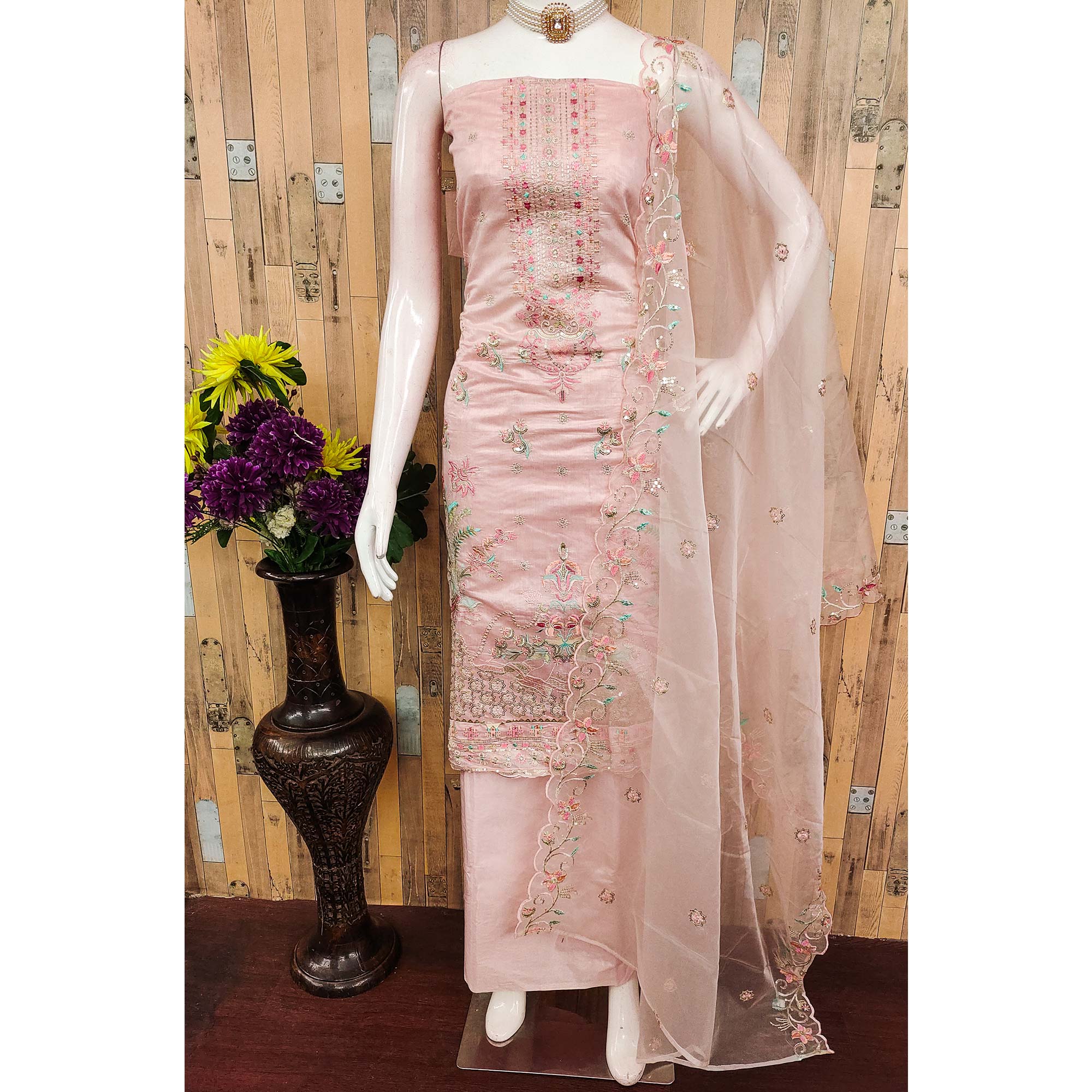 Peach Unstitched Chanderi Silk Dress Material with Delicate Sequins Work