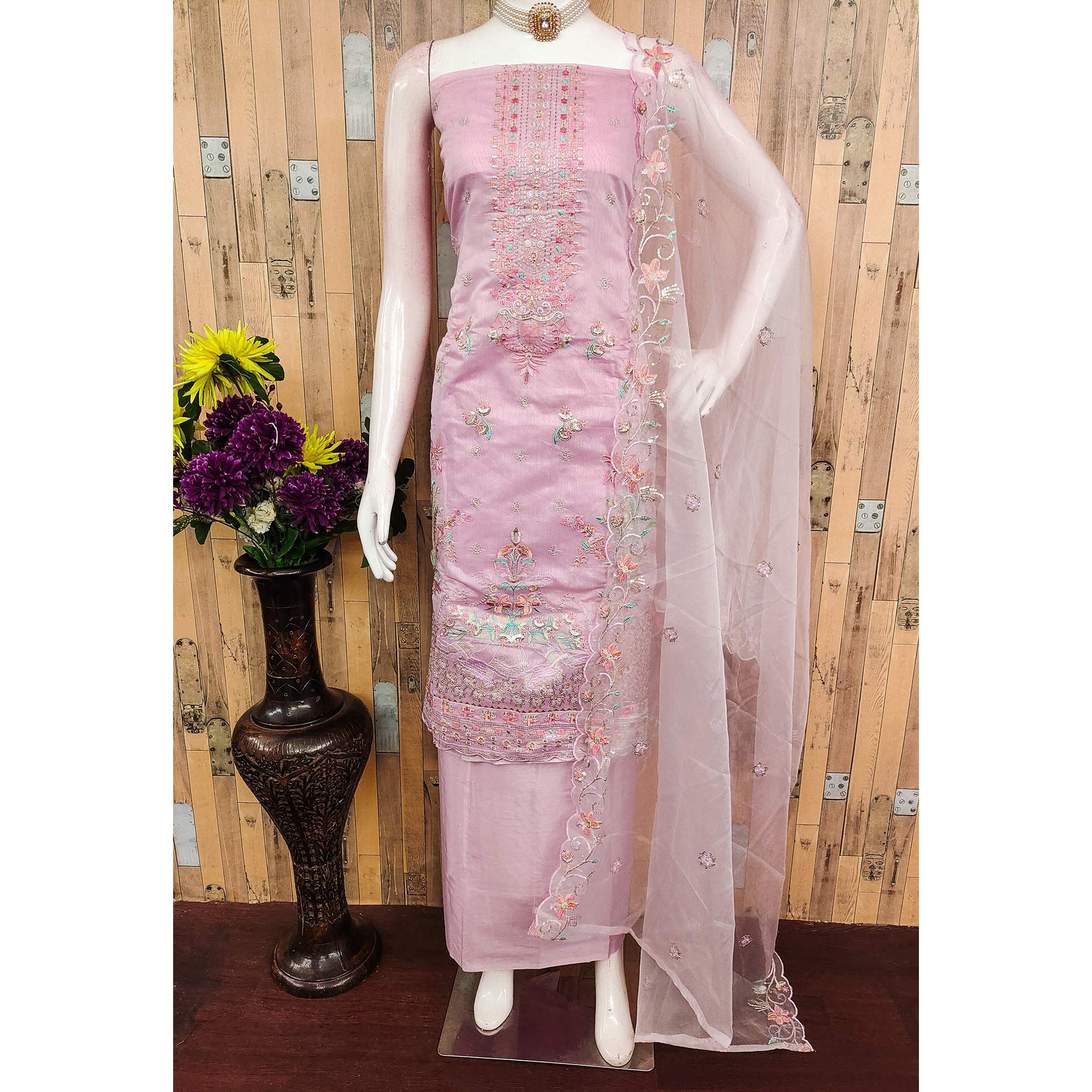 Pink Unstitched Chanderi Silk Dress Material with Delicate Sequins Work