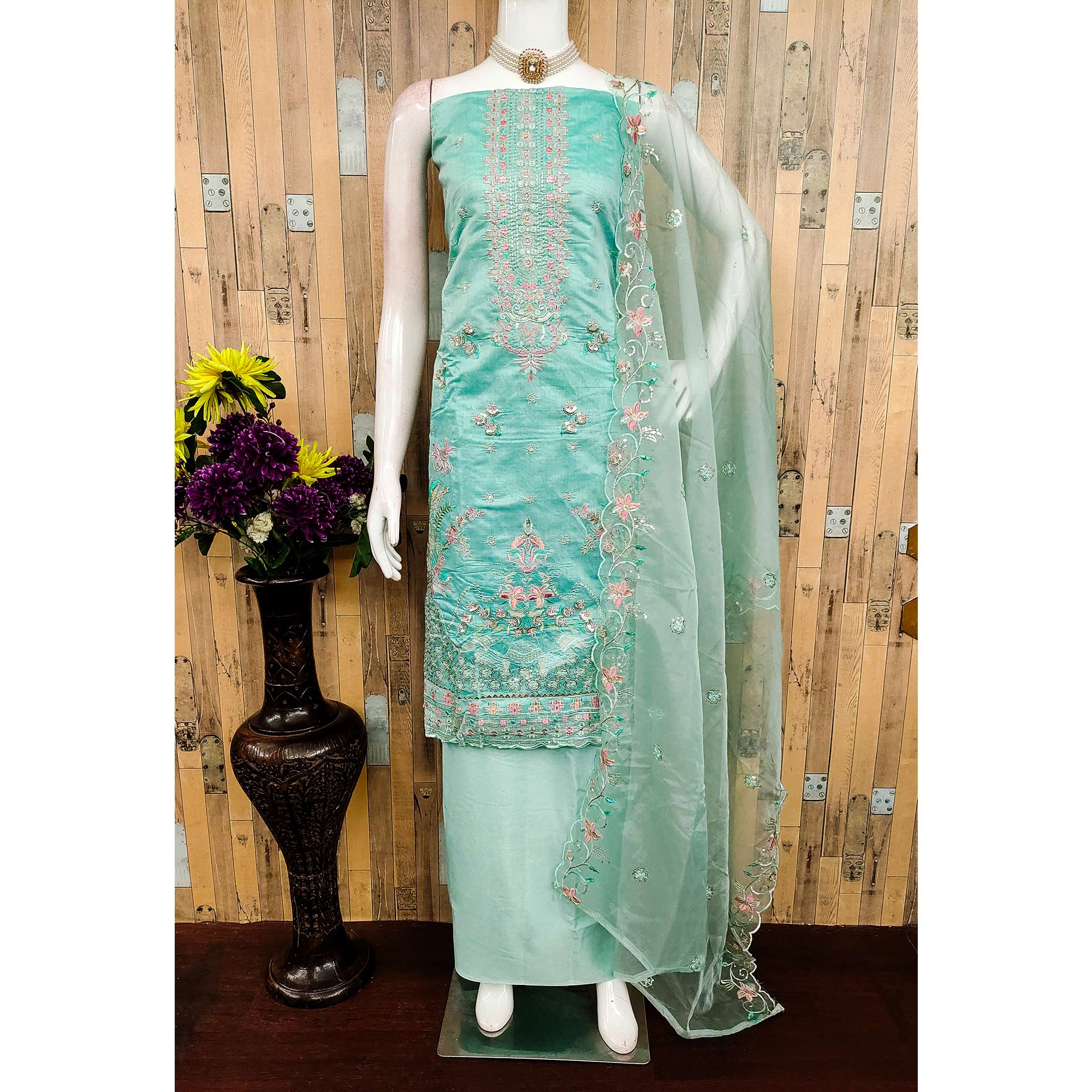 Turquoise Unstitched Chanderi Silk Dress Material with Delicate Sequins Work