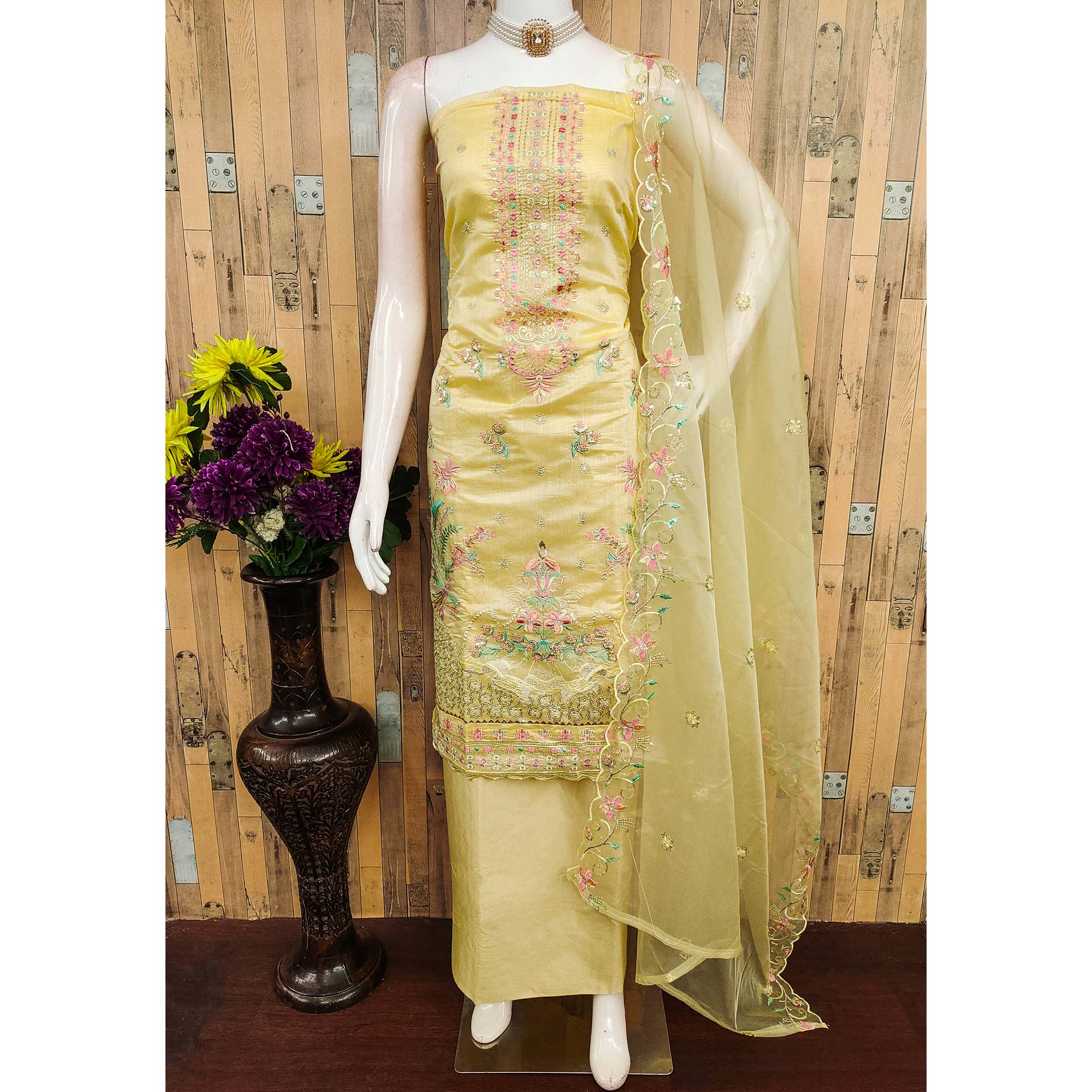 Yellow Unstitched Chanderi Silk Dress Material with Delicate Sequins Work