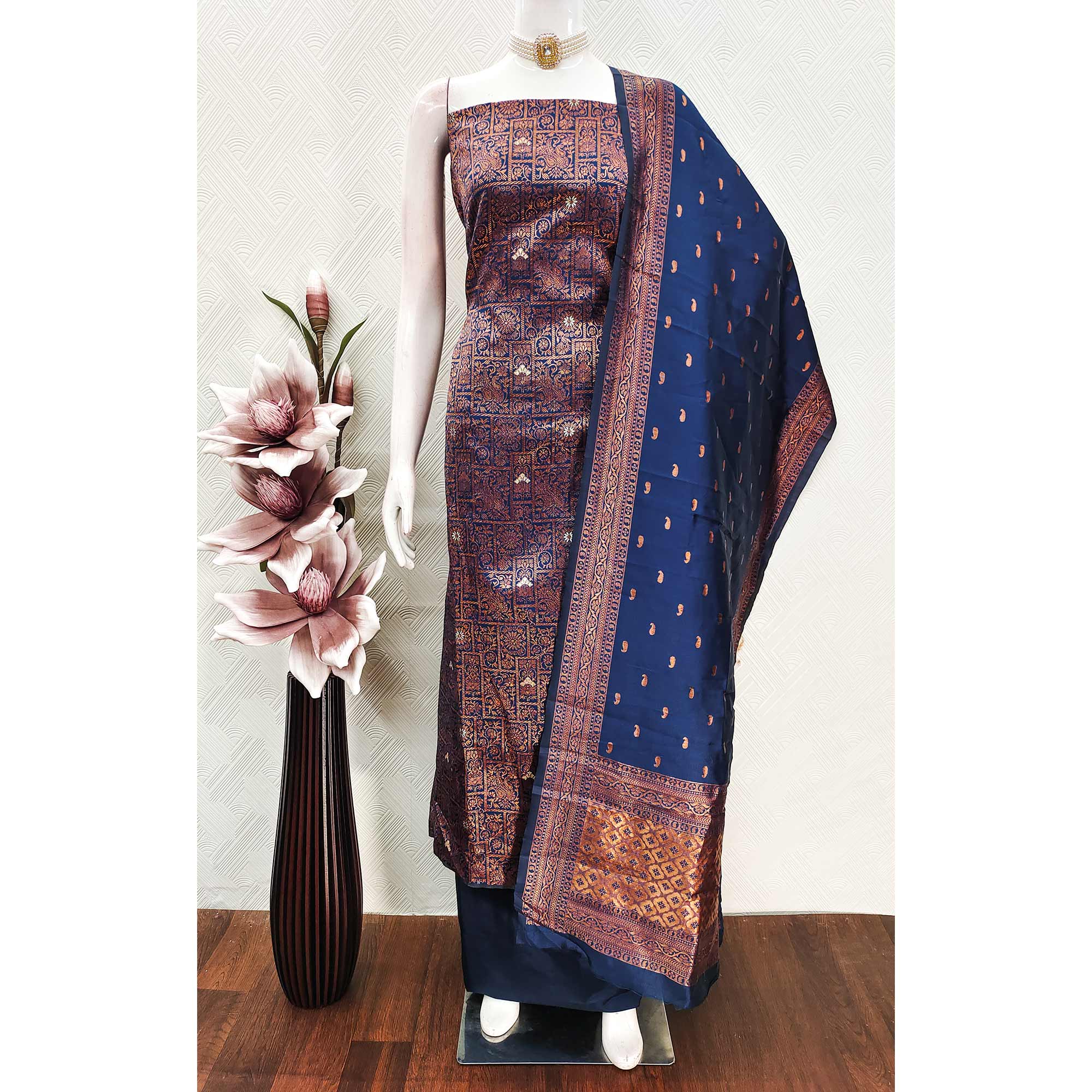 Navy Blue Banarasi Silk Dress Material with Heavy Zari Weaving