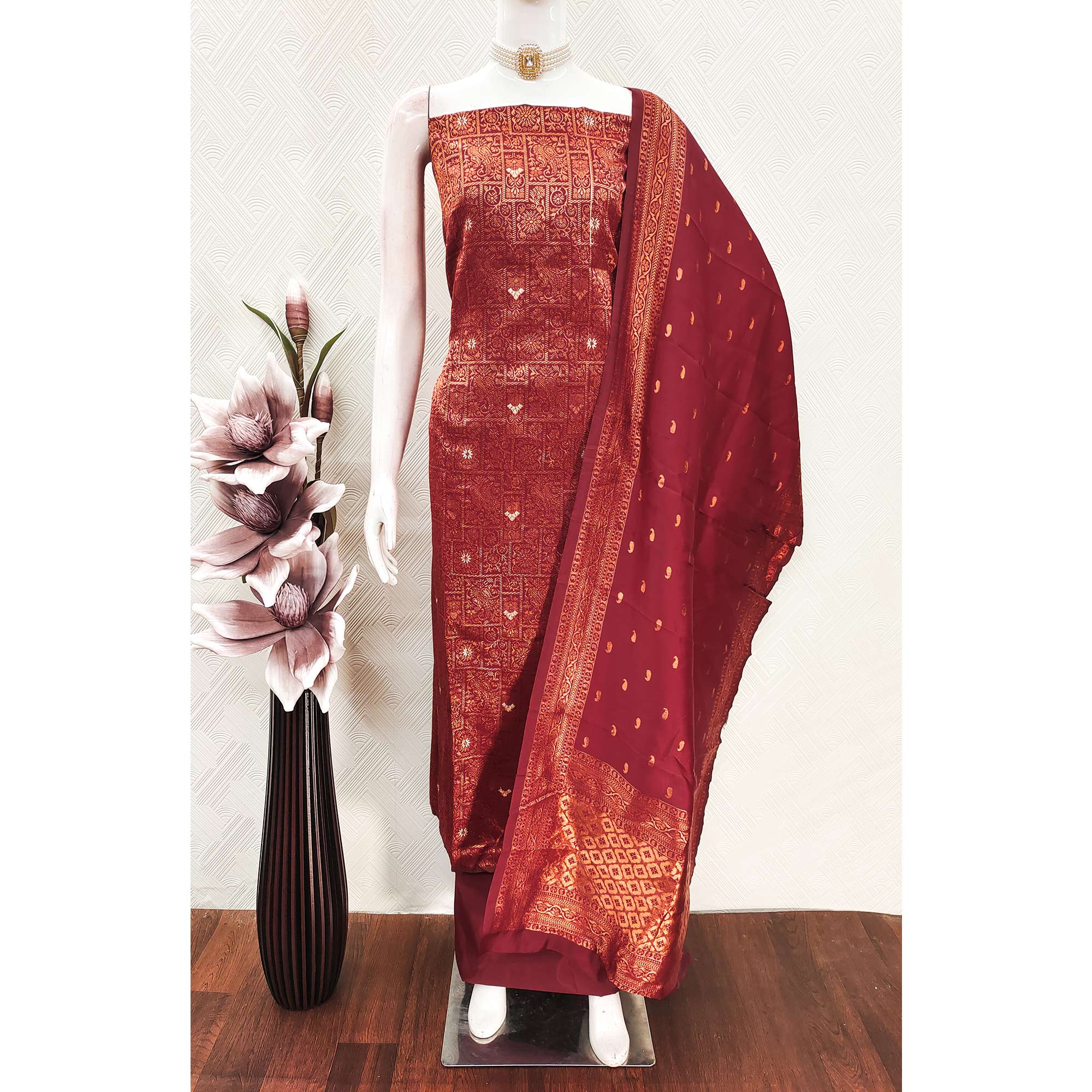 Red Banarasi Silk Dress Material With Heavy Zari Weaving