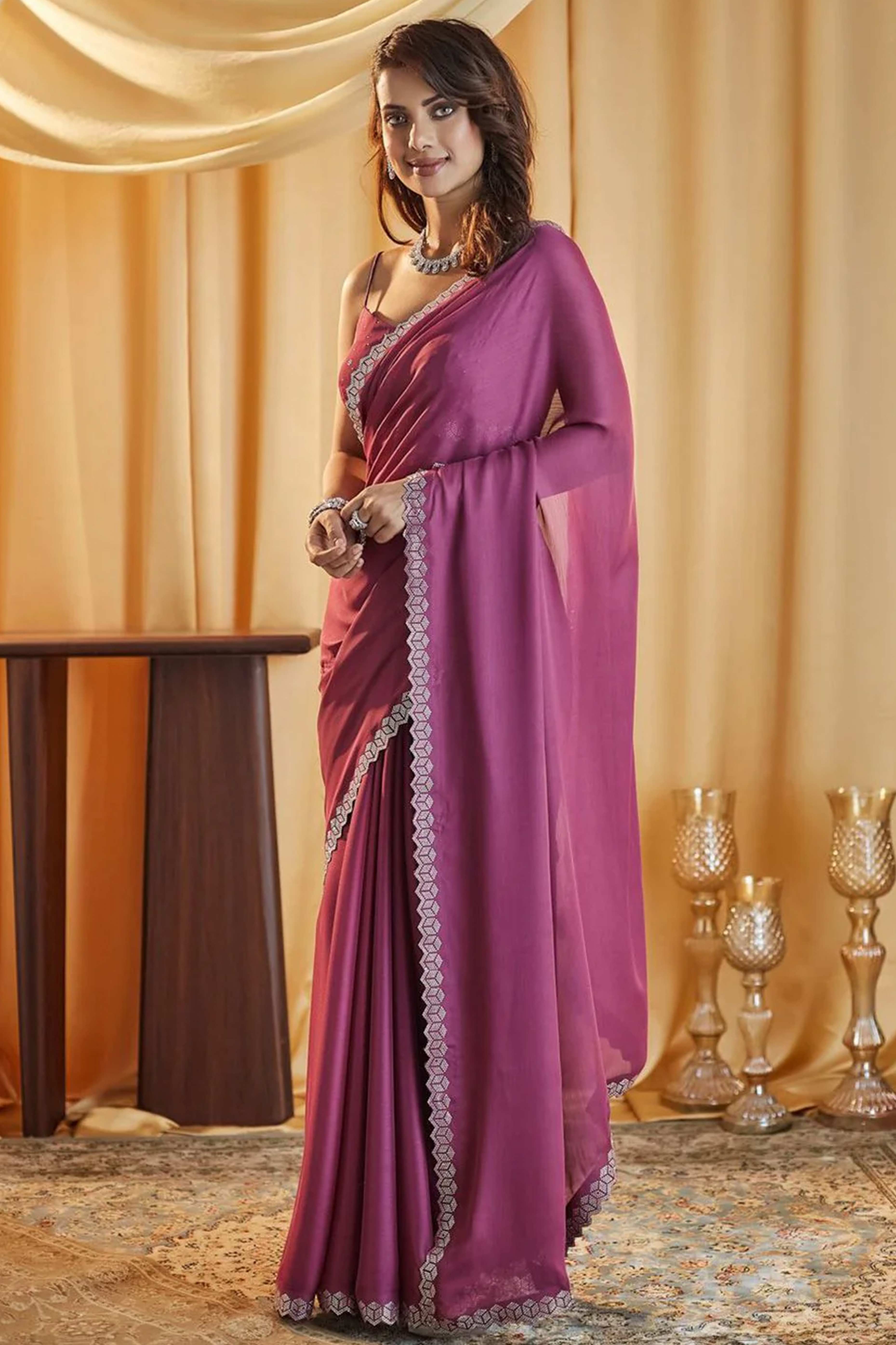 Partywear Mauve Chiffon Saree Adorned with Sparkling Stones