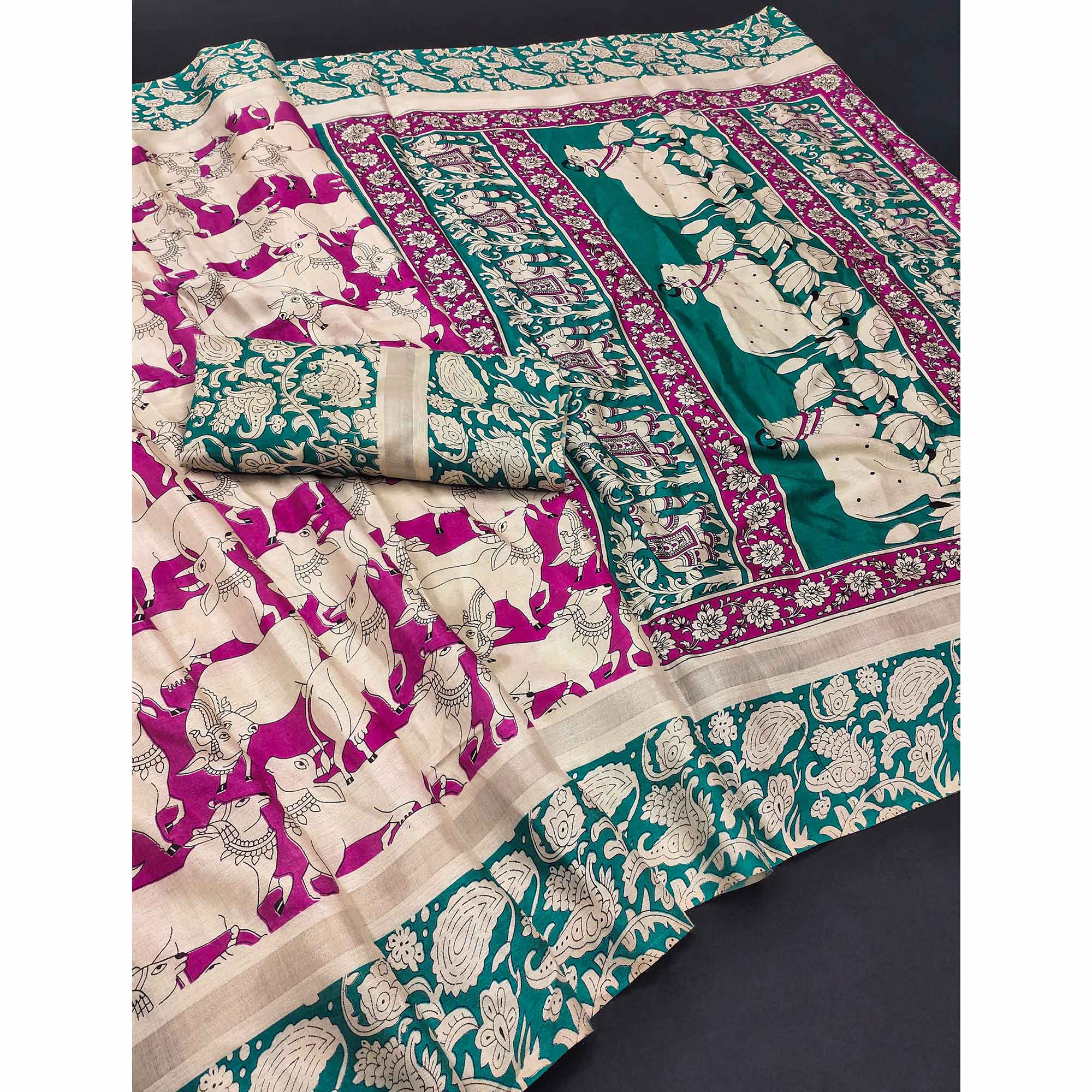 Pink & Rama Cotton Blend Saree Featuring Artistic Animal And Floral Print Fusion