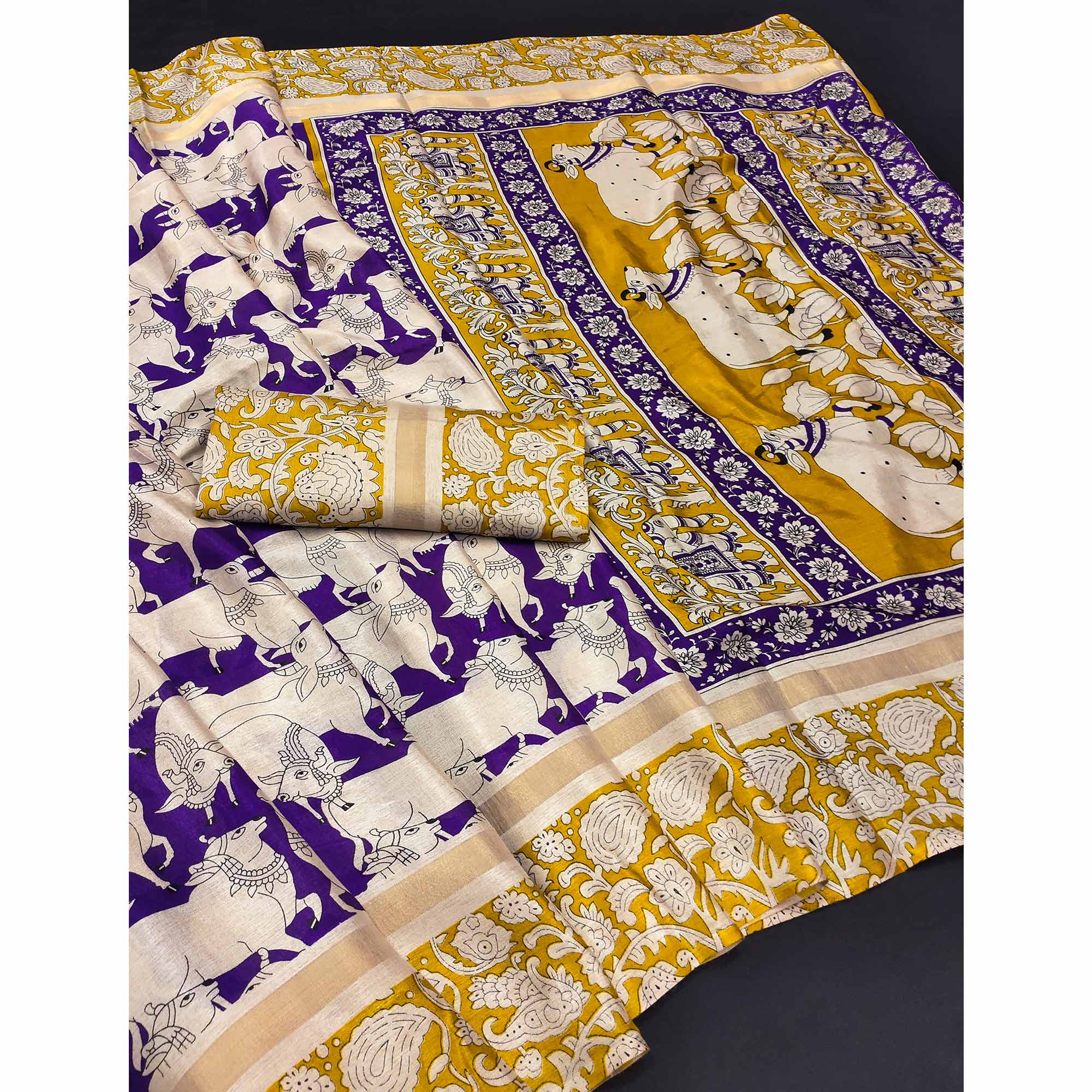 Purple & Yellow Cotton Blend Saree Featuring Artistic Animal And Floral Print Fusion