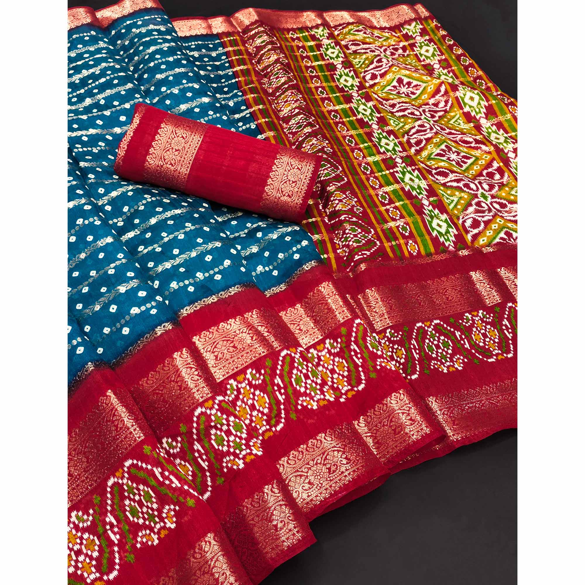 Blue Dola Silk Saree With Traditional Bandhani Motifs & Intricate Zari Weaving Elegance