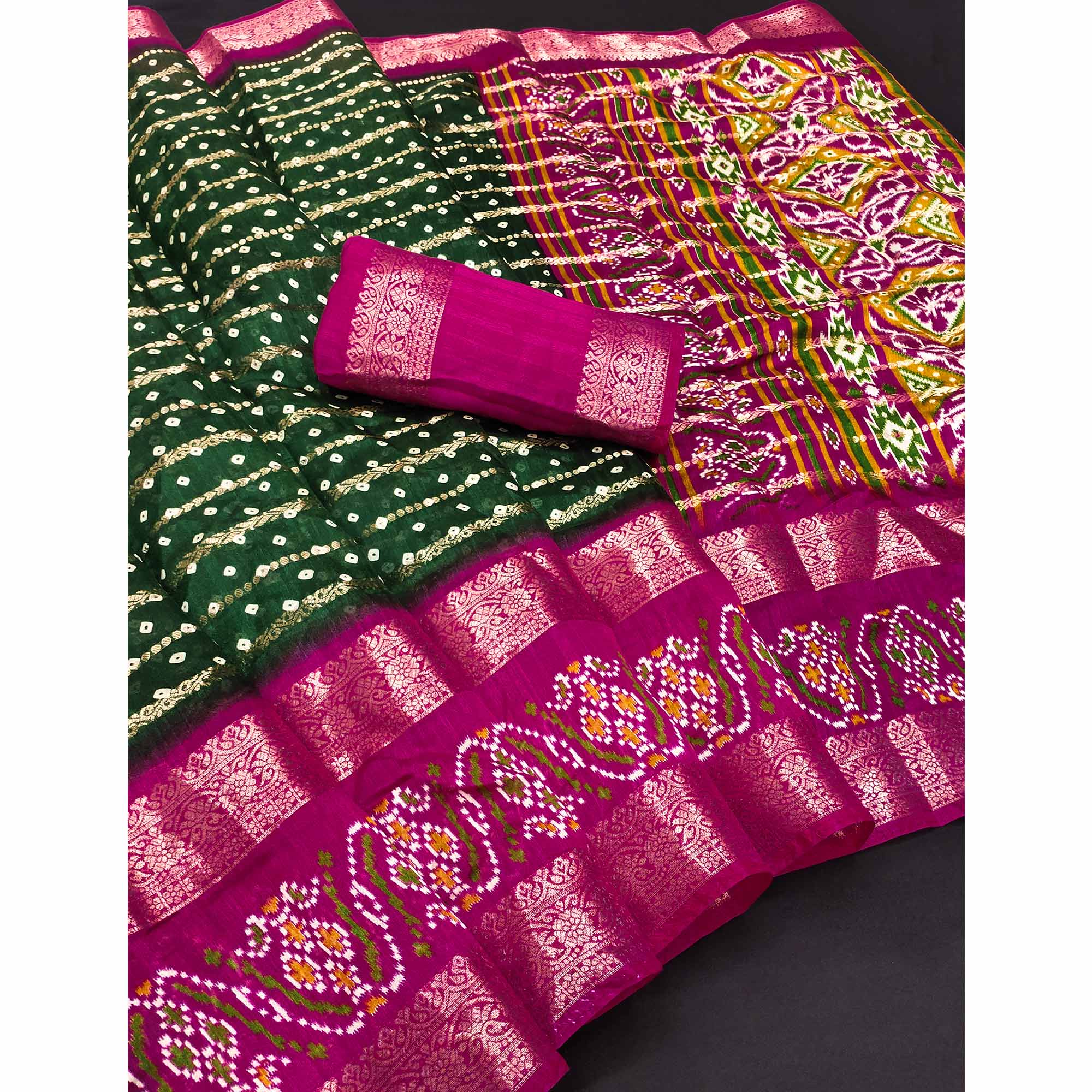 Green Dola Silk Saree With Traditional Bandhani Motifs & Intricate Zari Weaving Elegance