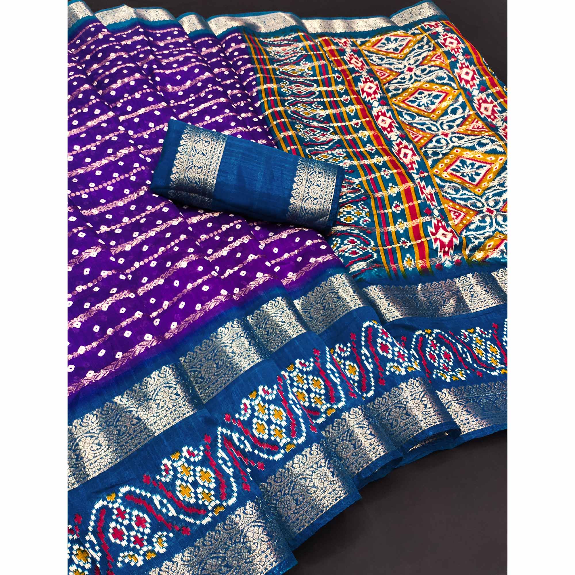 Purple Dola Silk Saree With Traditional Bandhani Motifs & Intricate Zari Weaving Elegance
