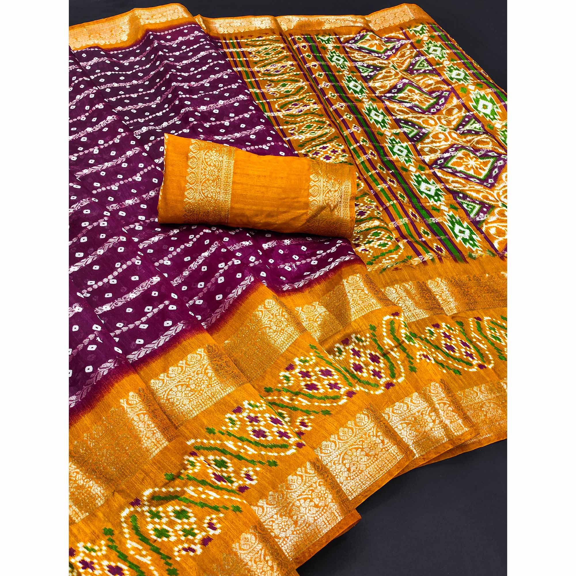 Wine Dola Silk Saree With Traditional Bandhani Motifs & Intricate Zari Weaving Elegance
