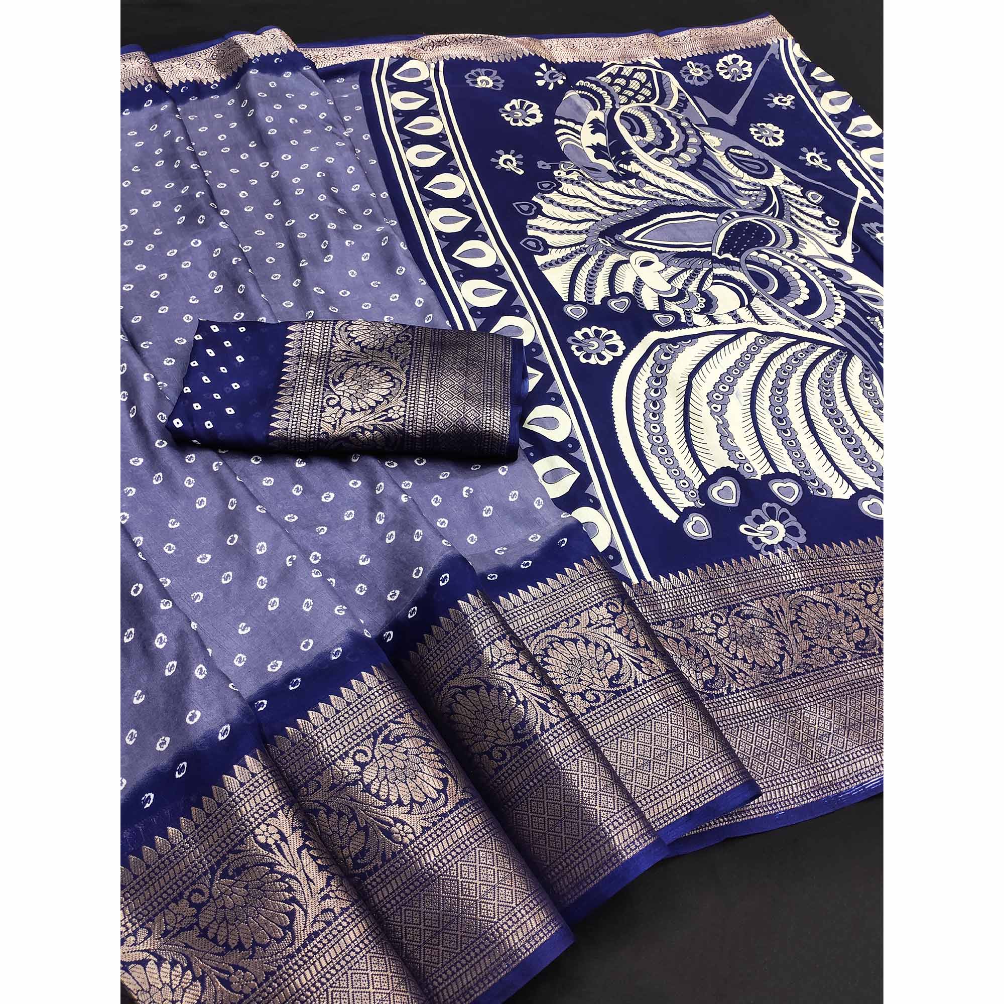 Blue Bandhani Design Dola Silk Saree with Classic Zari Detailing