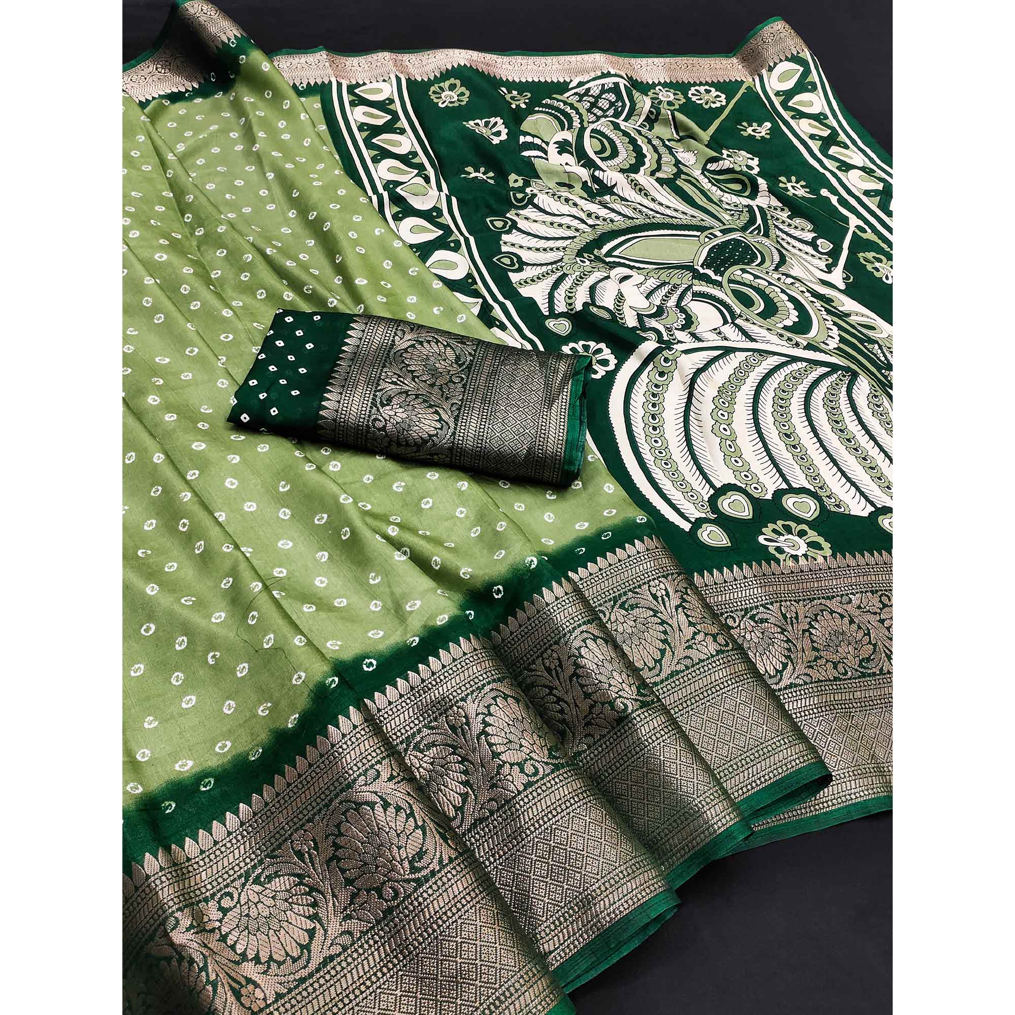 Green Bandhani Design Dola Silk Saree with Classic Zari Detailing