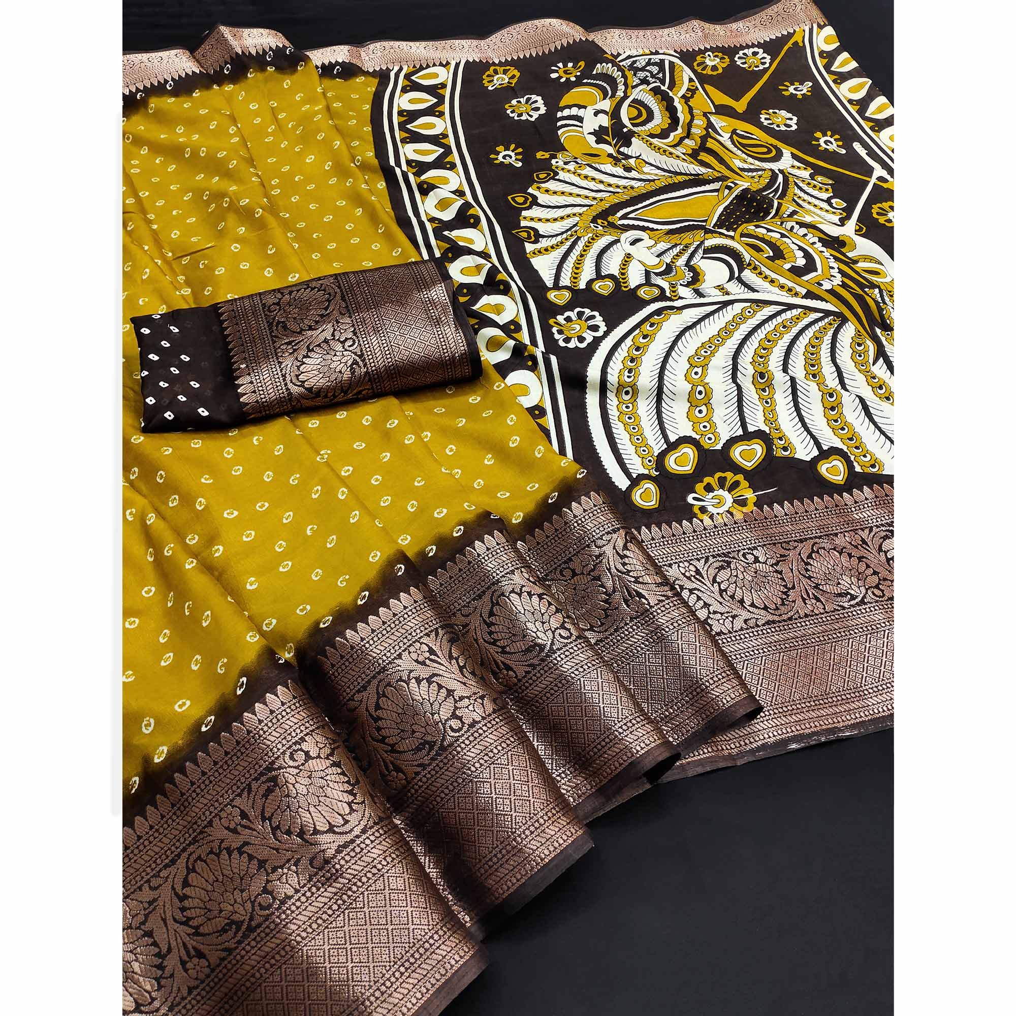 Mustard Bandhani Design Dola Silk Saree with Classic Zari Detailing