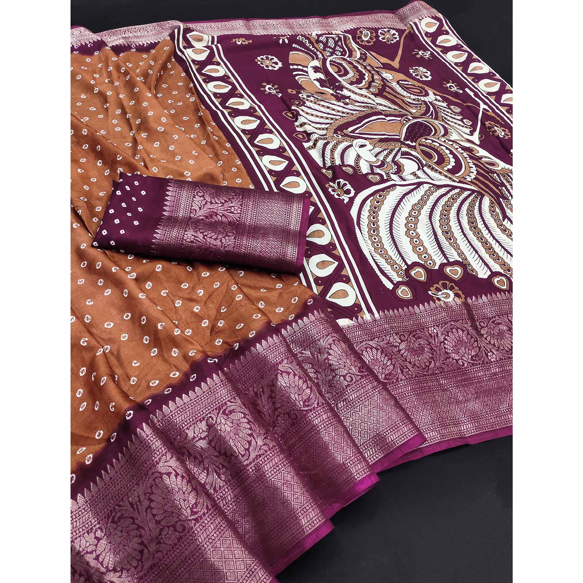 Rust Bandhani Design Dola Silk Saree with Classic Zari Detailing