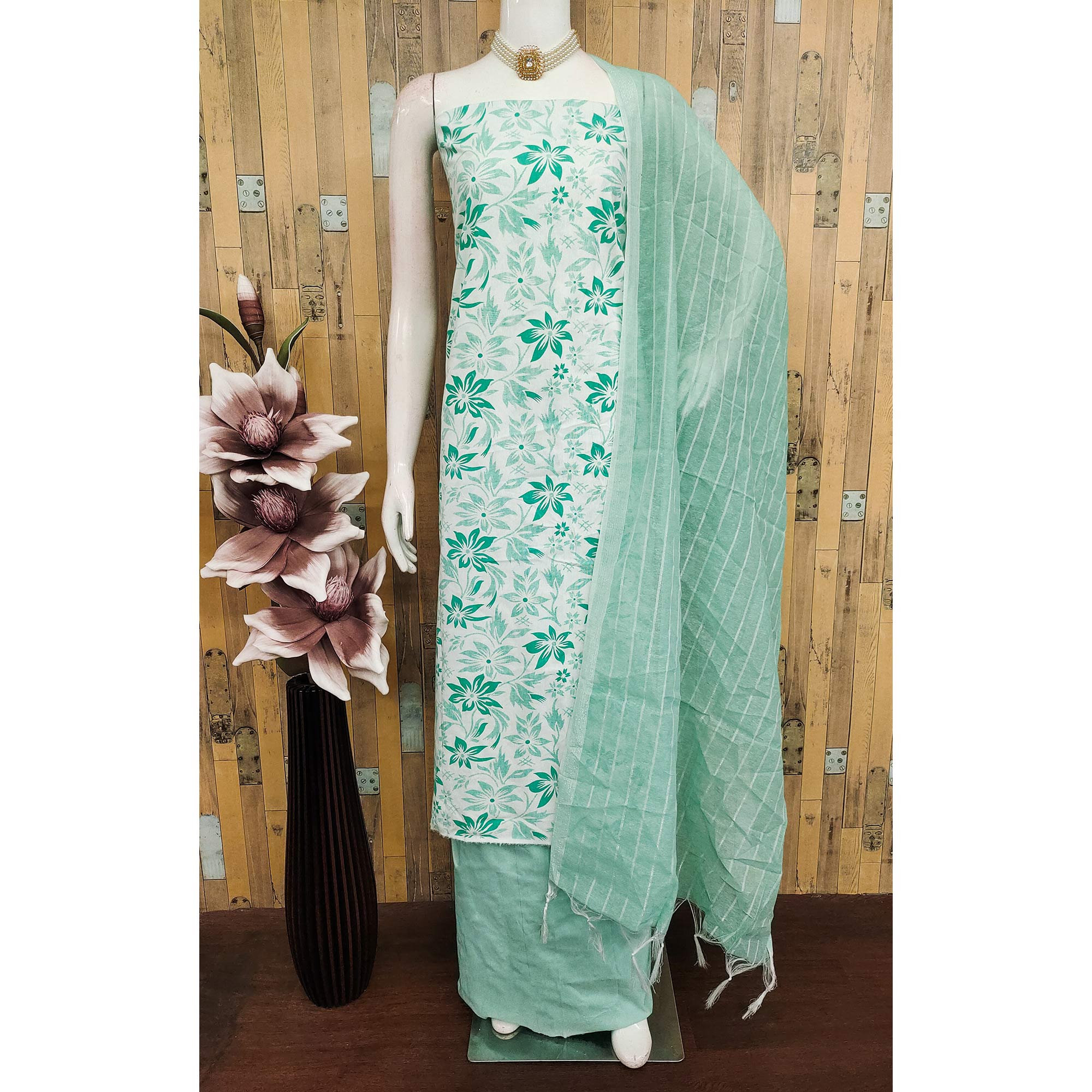 Pure Cotton Green Dress Material with Delicate Floral Prints