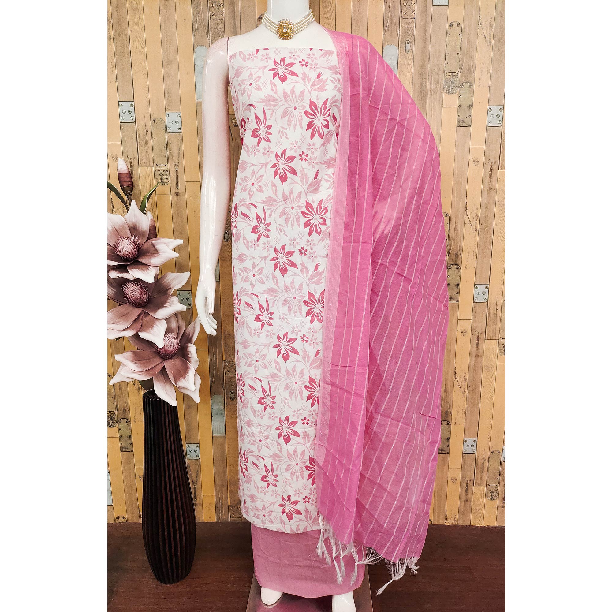 Pure Cotton Pink Dress Material with Delicate Floral Prints