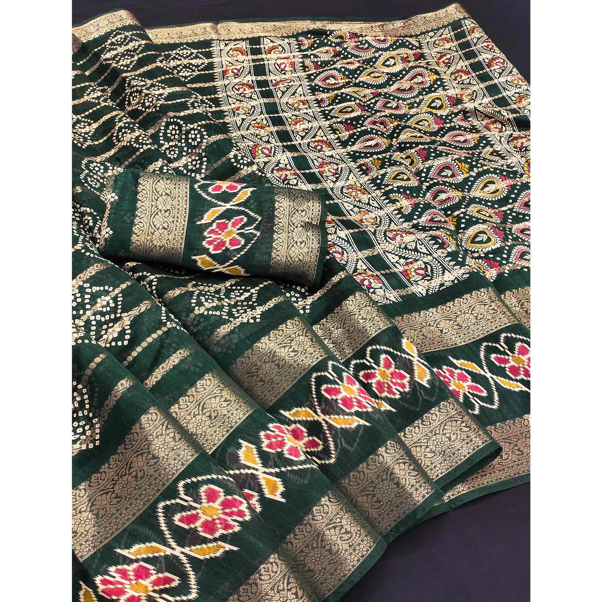 Festive Green Bandhani Print Saree with Rich Zari Detailing