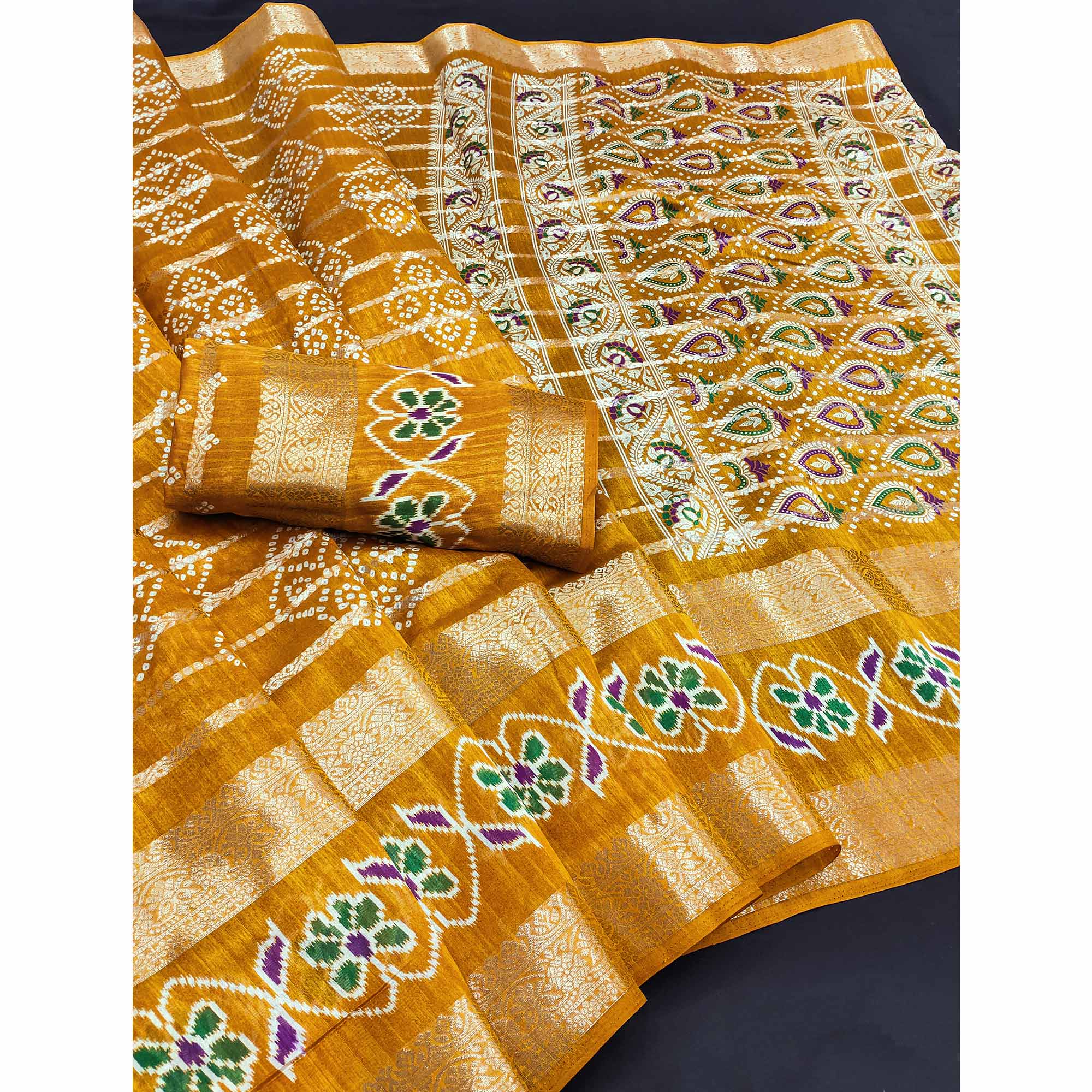 Festive Mustard Bandhani Print Saree with Rich Zari Detailing