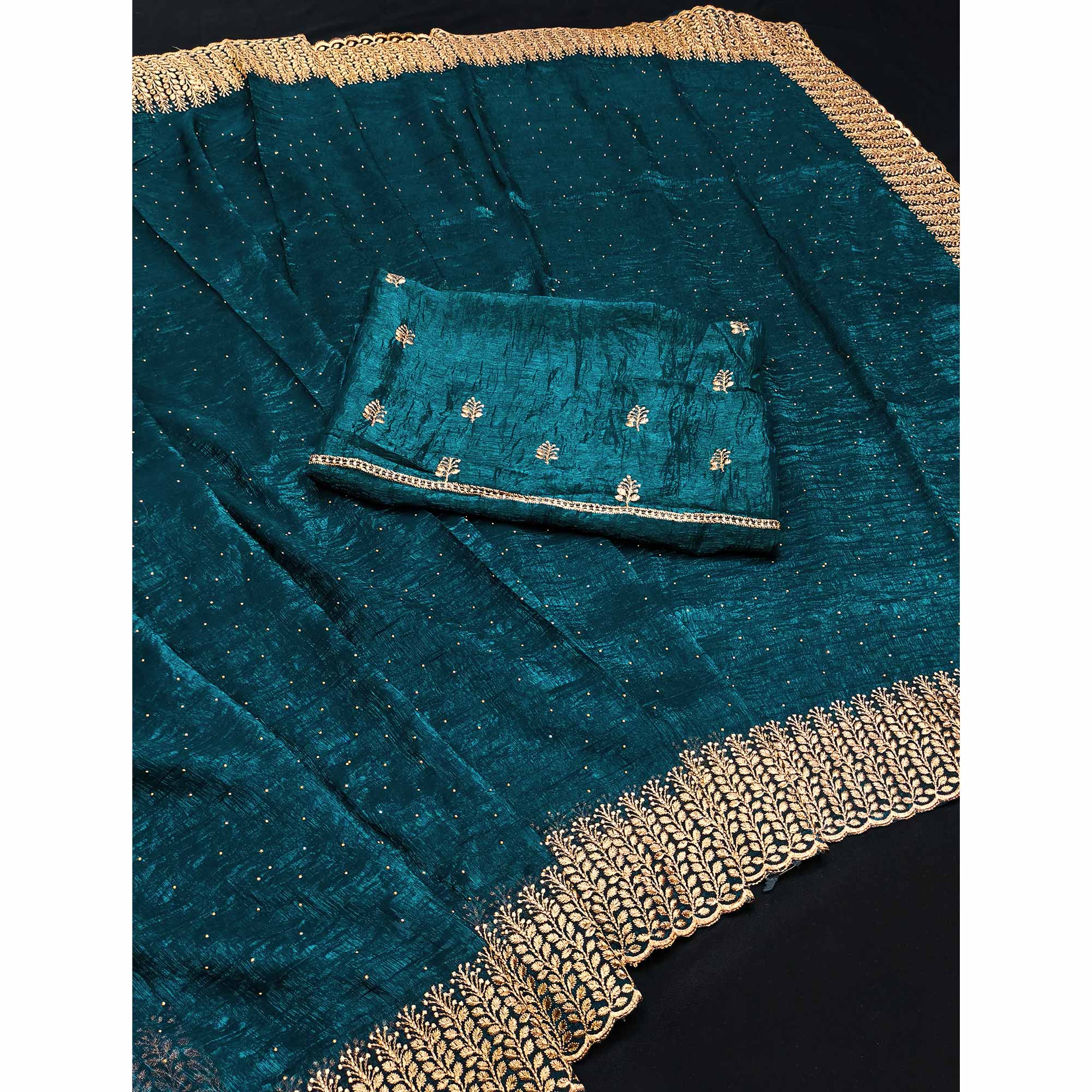 Dark Teal Chiffon Saree with Shimmering Stone Detailing