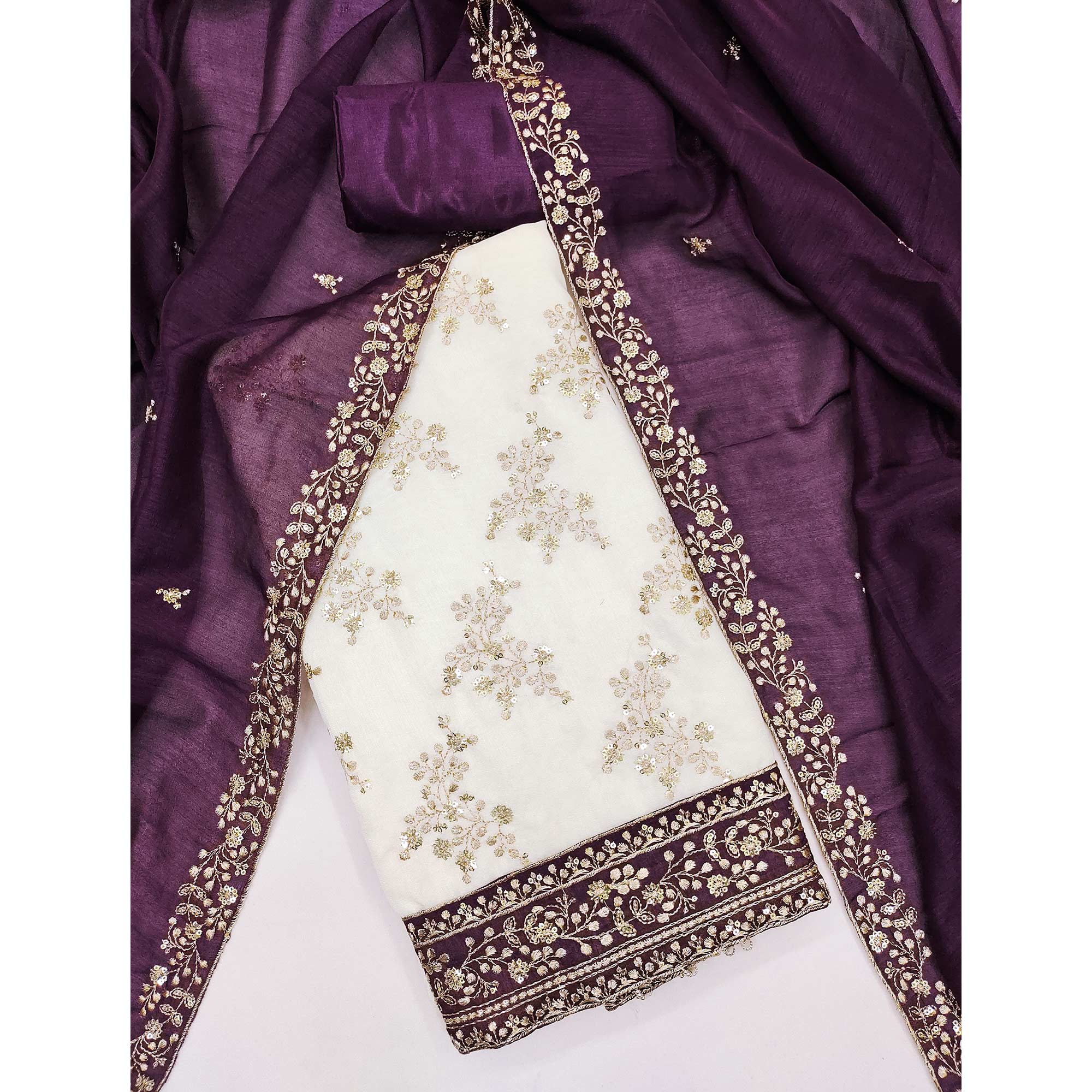 Purple and Off White Vichitra Silk Fabric with Embroidered Detailing