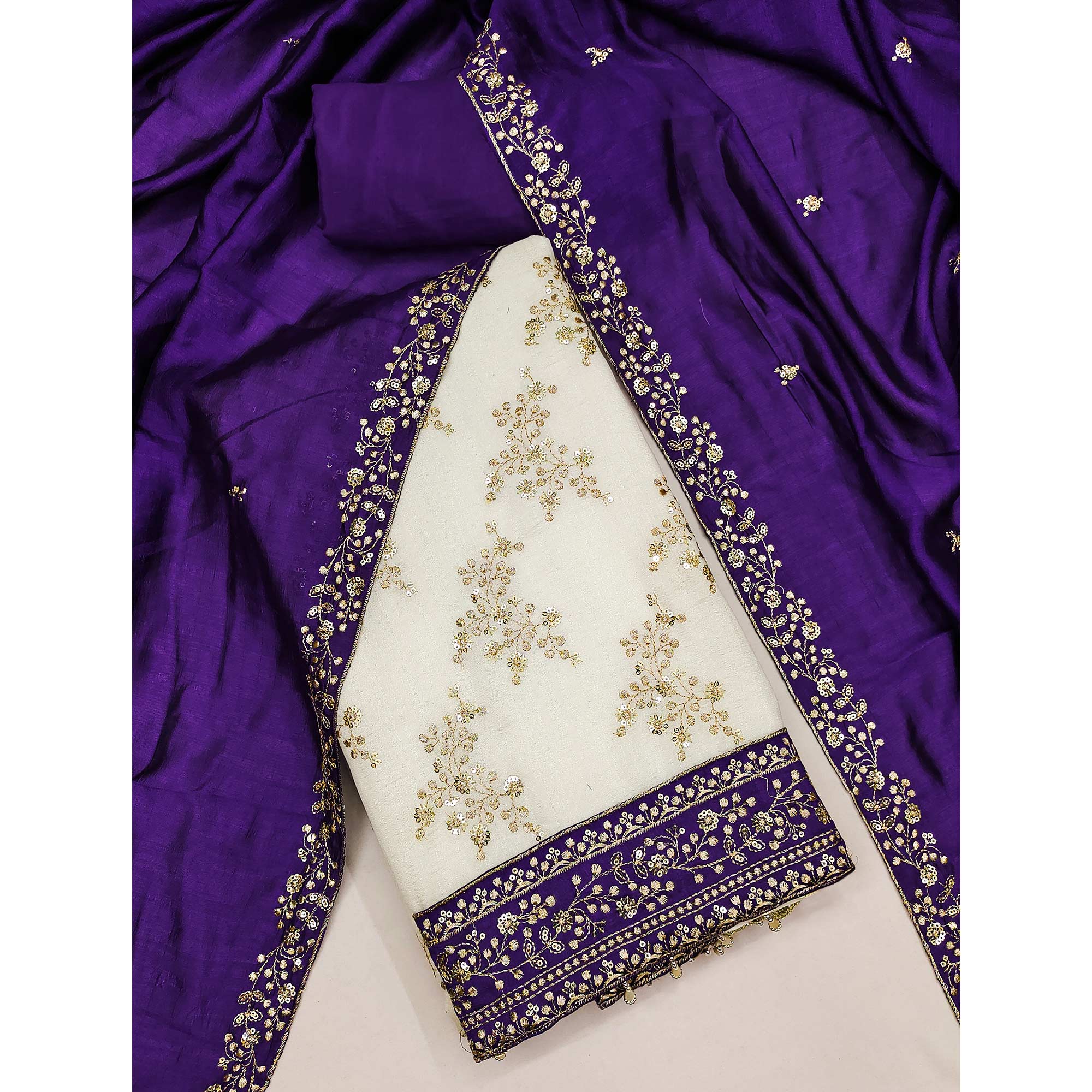 Violet and Off White Vichitra Silk Fabric with Embroidered Detailing