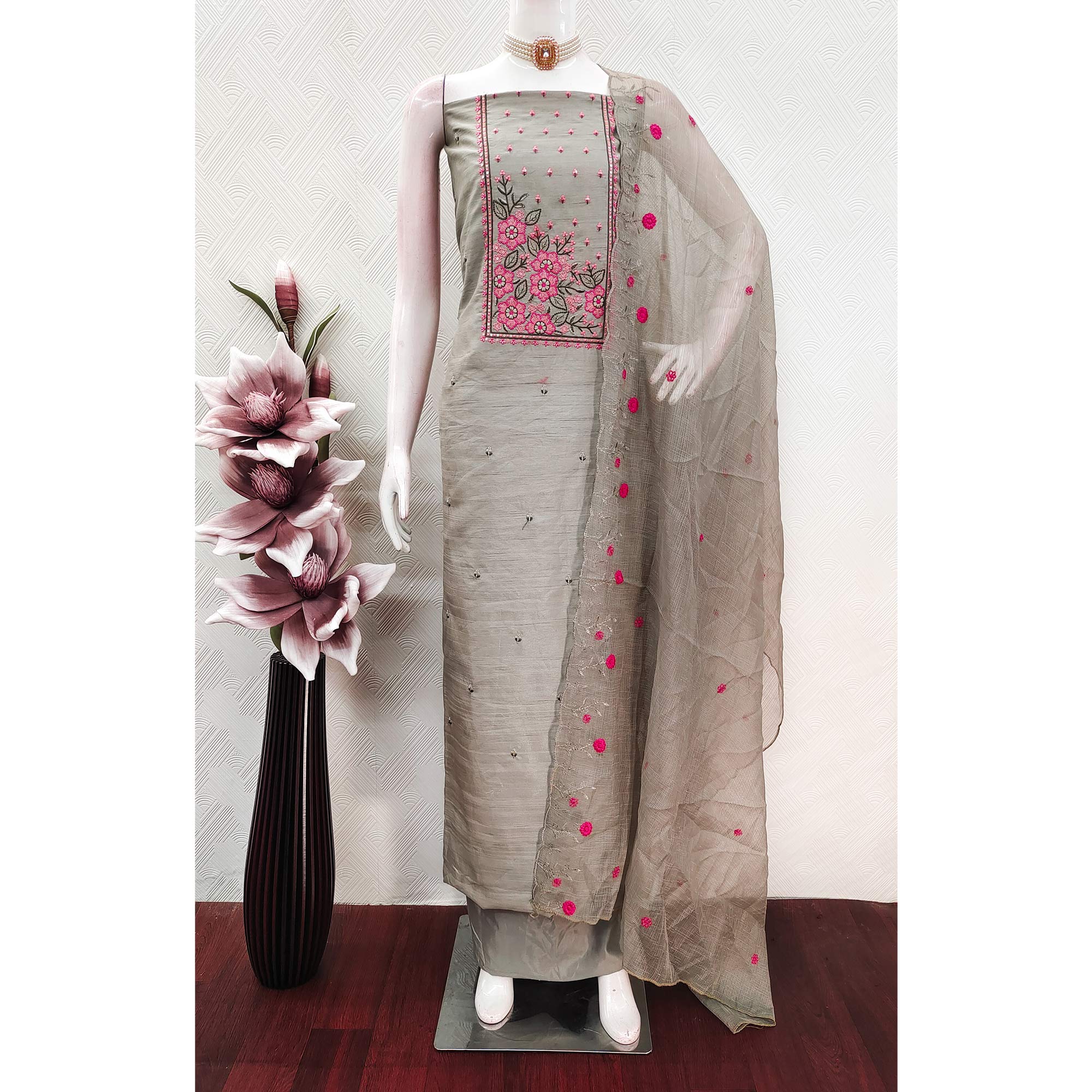 Taupe Cotton Blend Dress Material Featuring Delicate Floral Embroidery & Sequins Work