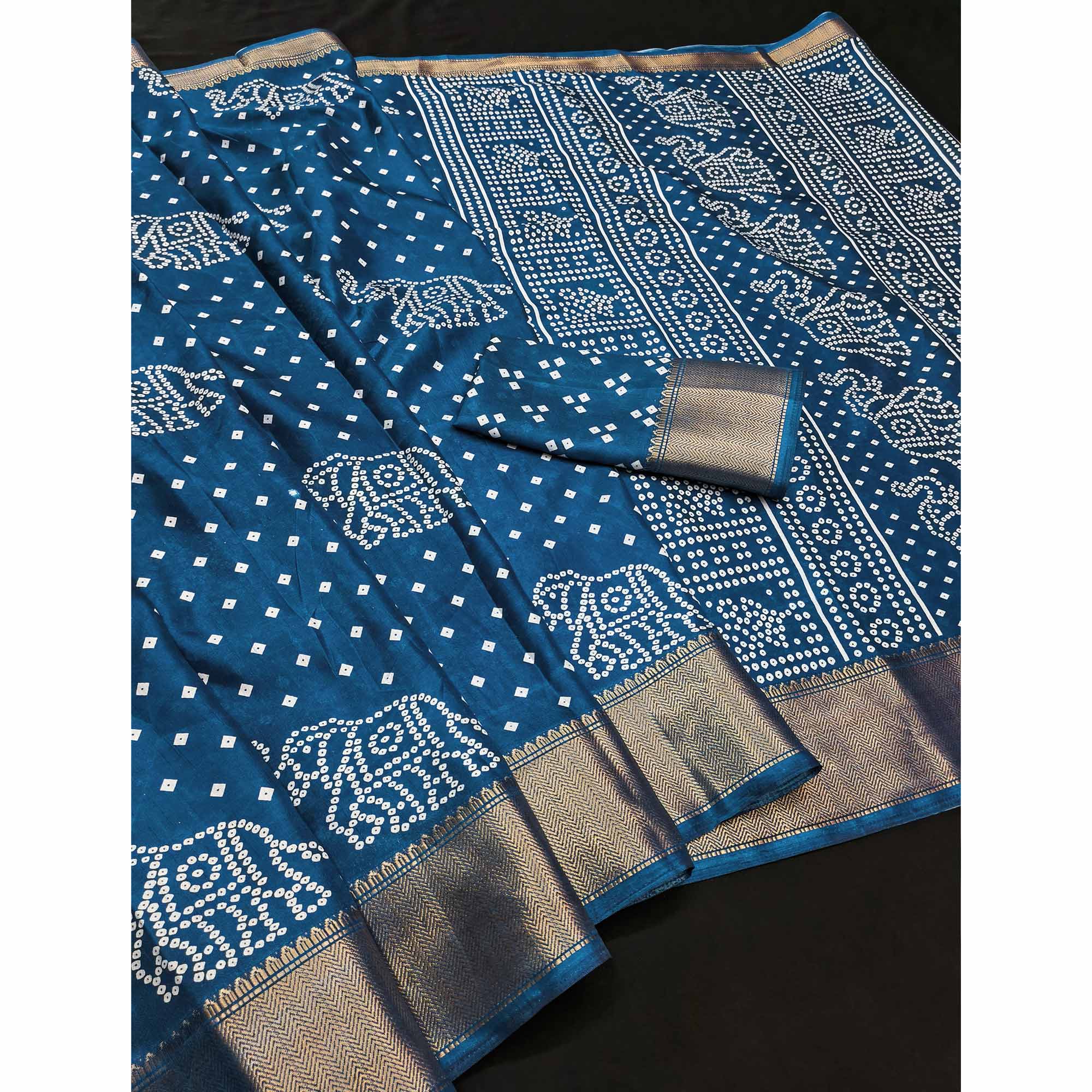 Blue Dola Silk Saree Featuring Traditional Bandhani Print & Elegant Weaving Border