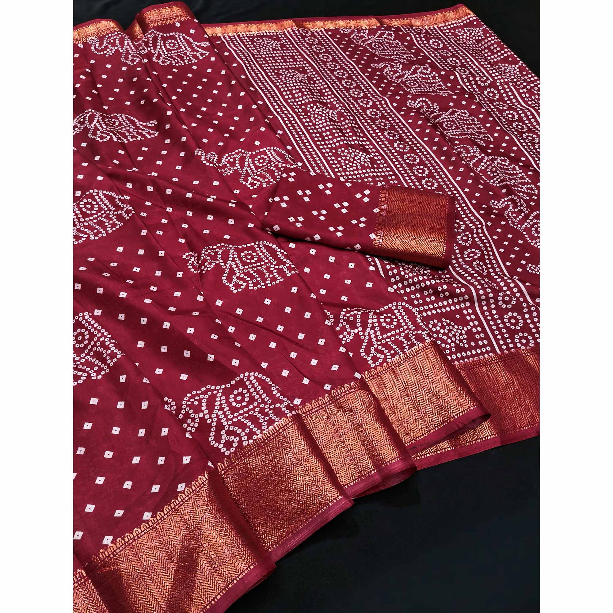Maroon Dola Silk Saree Featuring Traditional Bandhani Print & Elegant Weaving Border