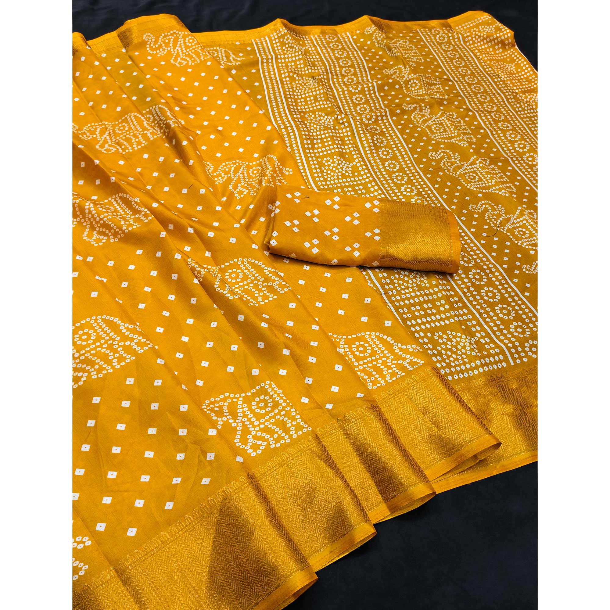 Mustard Dola Silk Saree Featuring Traditional Bandhani Print & Elegant Weaving Border