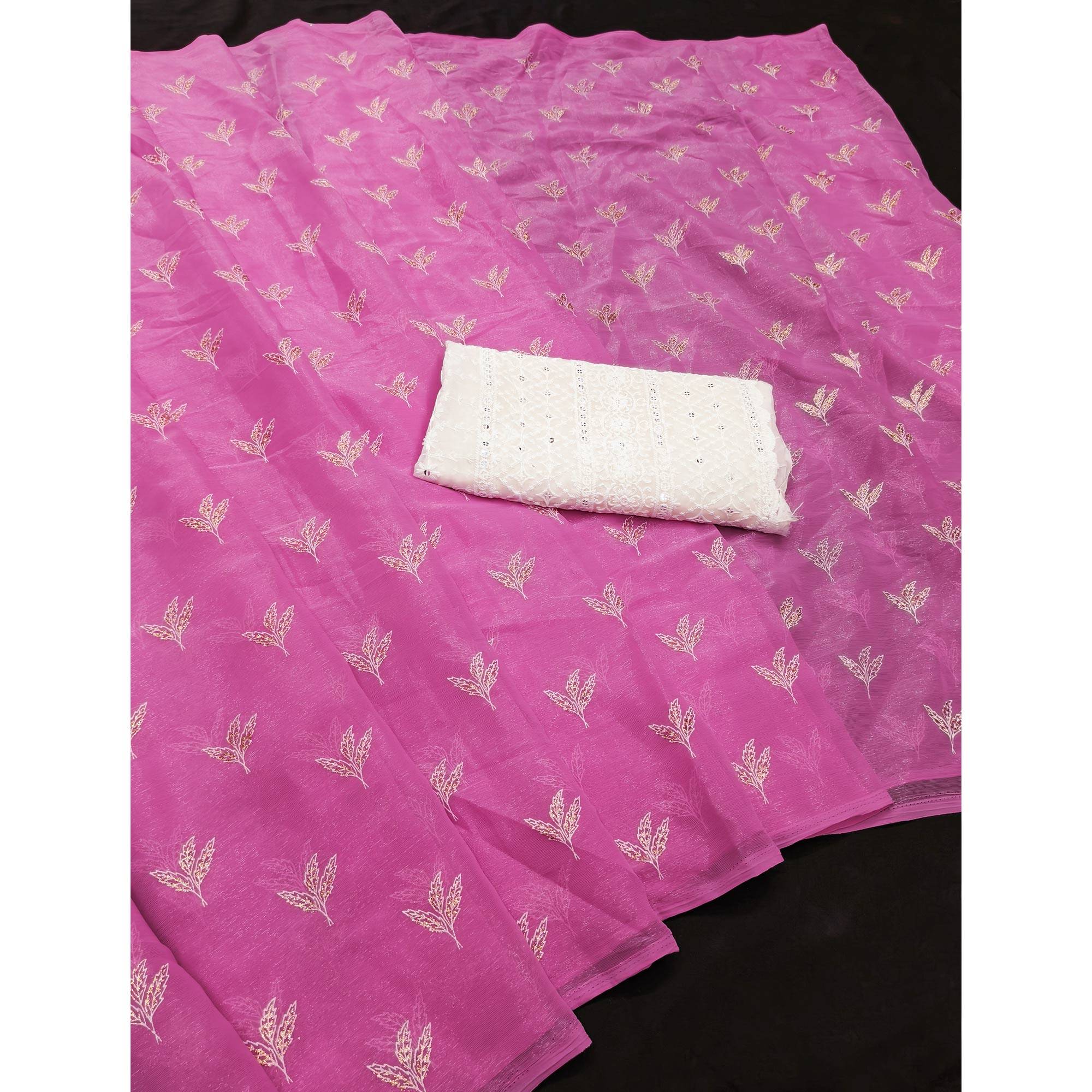 Magenta Chiffon Saree Adorned With Shimmering Floral Foil Print