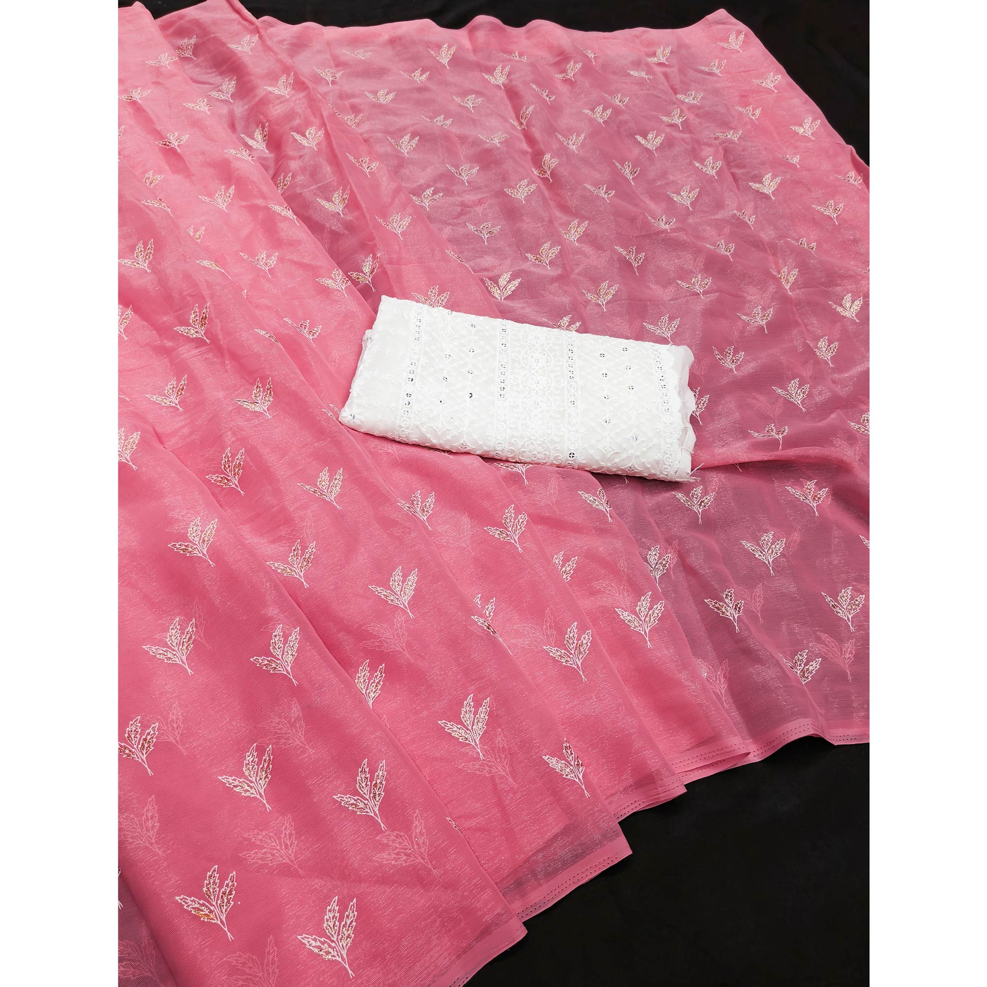 Pink Chiffon Saree Adorned With Shimmering Floral Foil Print