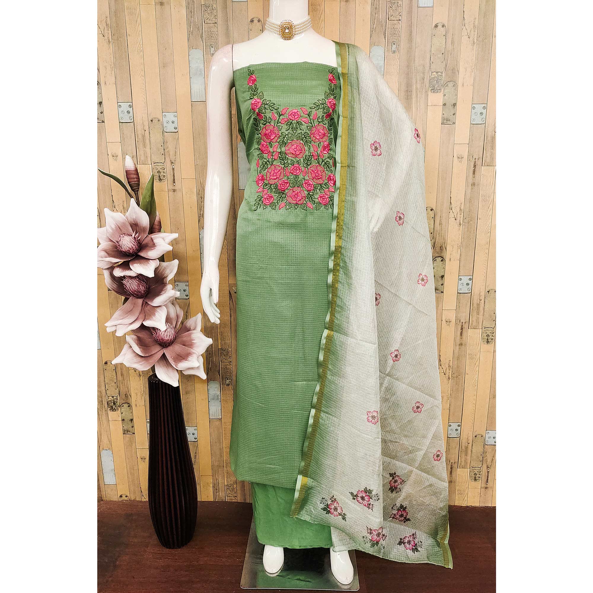 Green Kota Doria Dress Material Adorned With Delicate Floral Sequins Embroidery Work