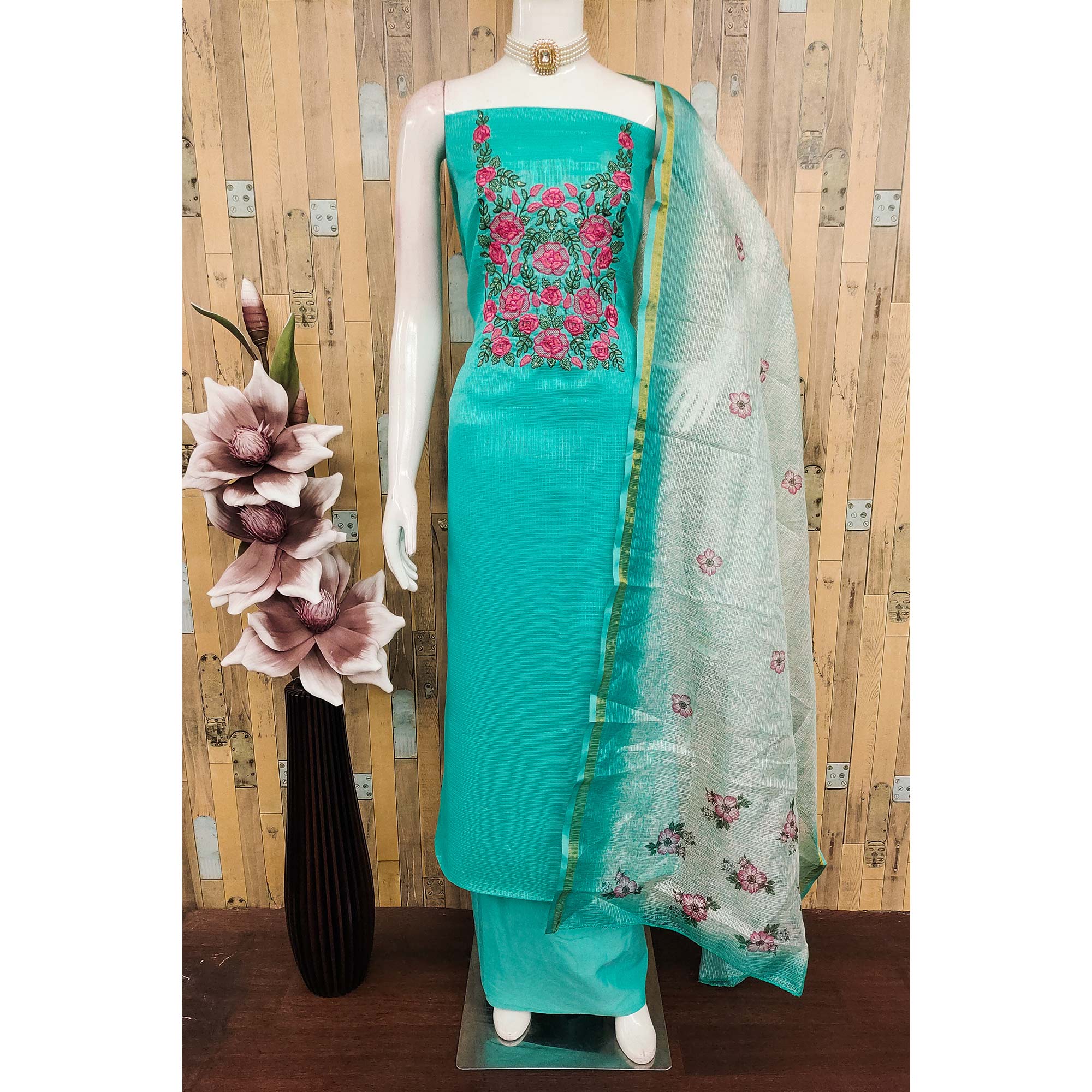 Turquoise Kota Doria Dress Material Adorned With Delicate Floral Sequins Embroidery Work
