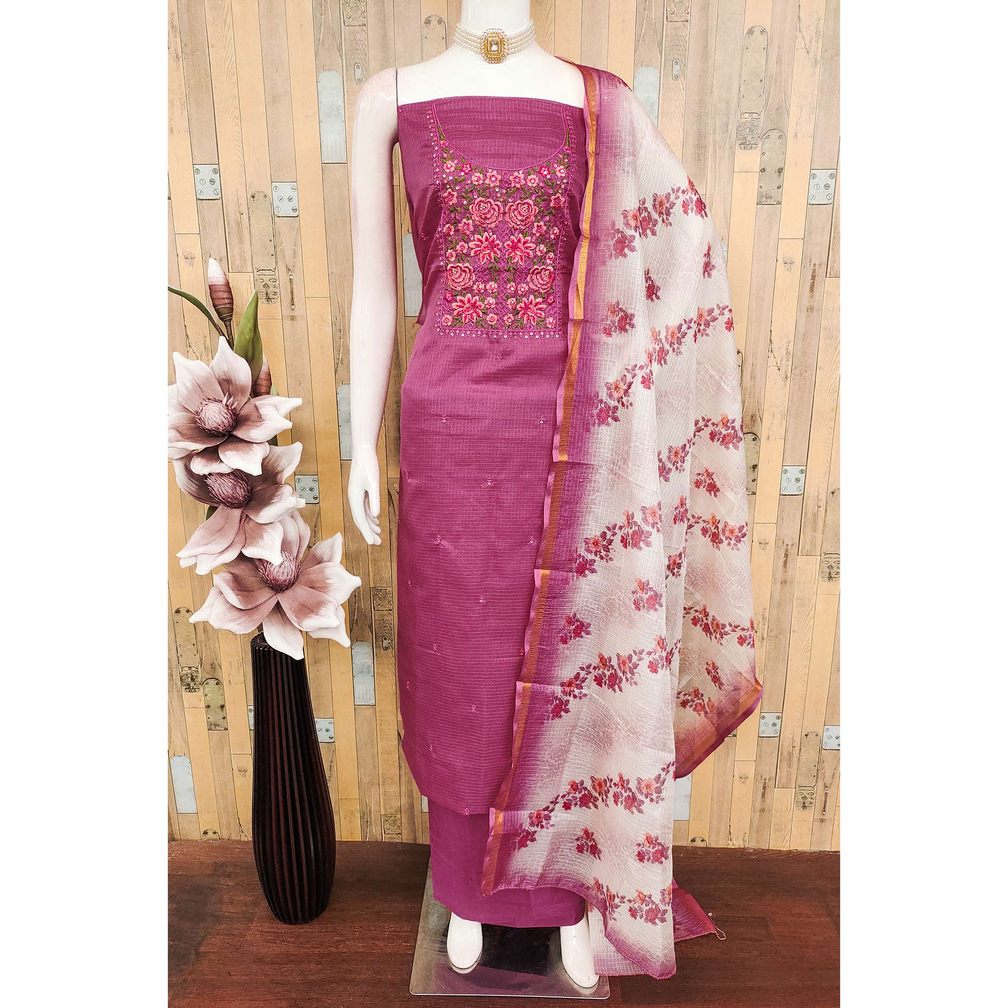 Magenta  Kota Doria Dress Material Featuring Elegant Floral Design With Sparkling Sequins Embroidery