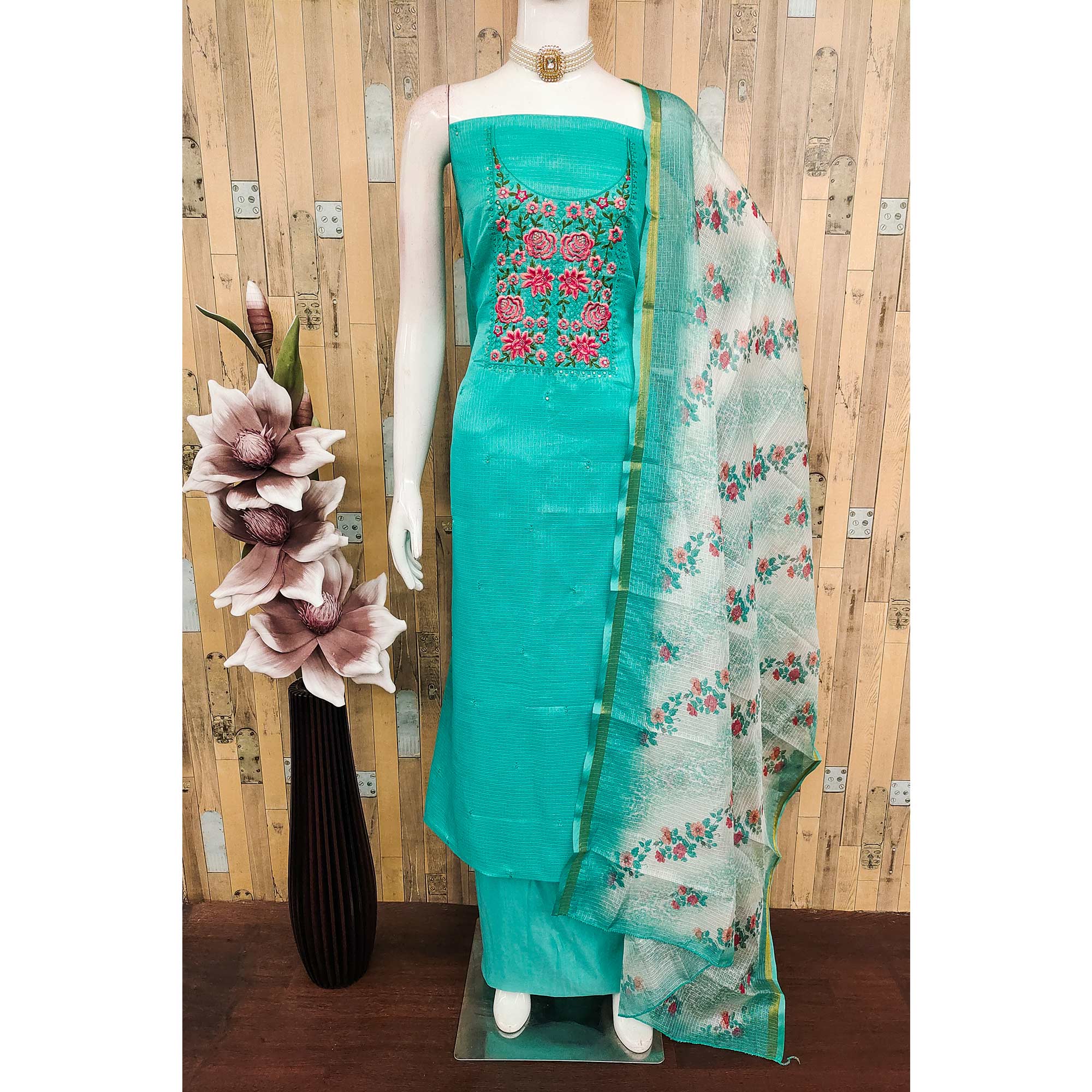 Turquoise Kota Doria Dress Material Featuring Elegant Floral Design With Sparkling Sequins Embroidery