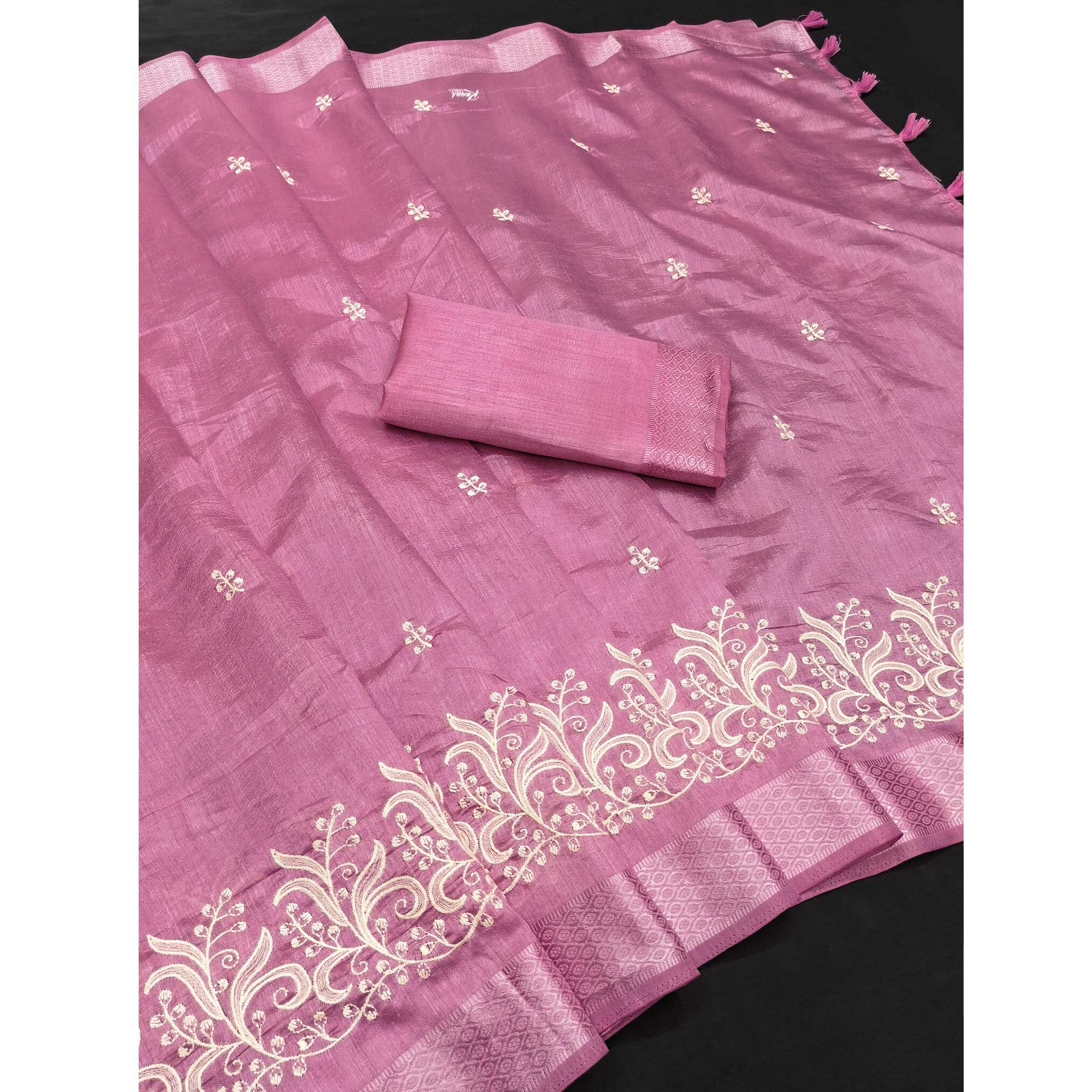 Orchid Pink Art Silk Saree Adorned With Delicate Floral Embroidery & Stylish Tassel Pallu