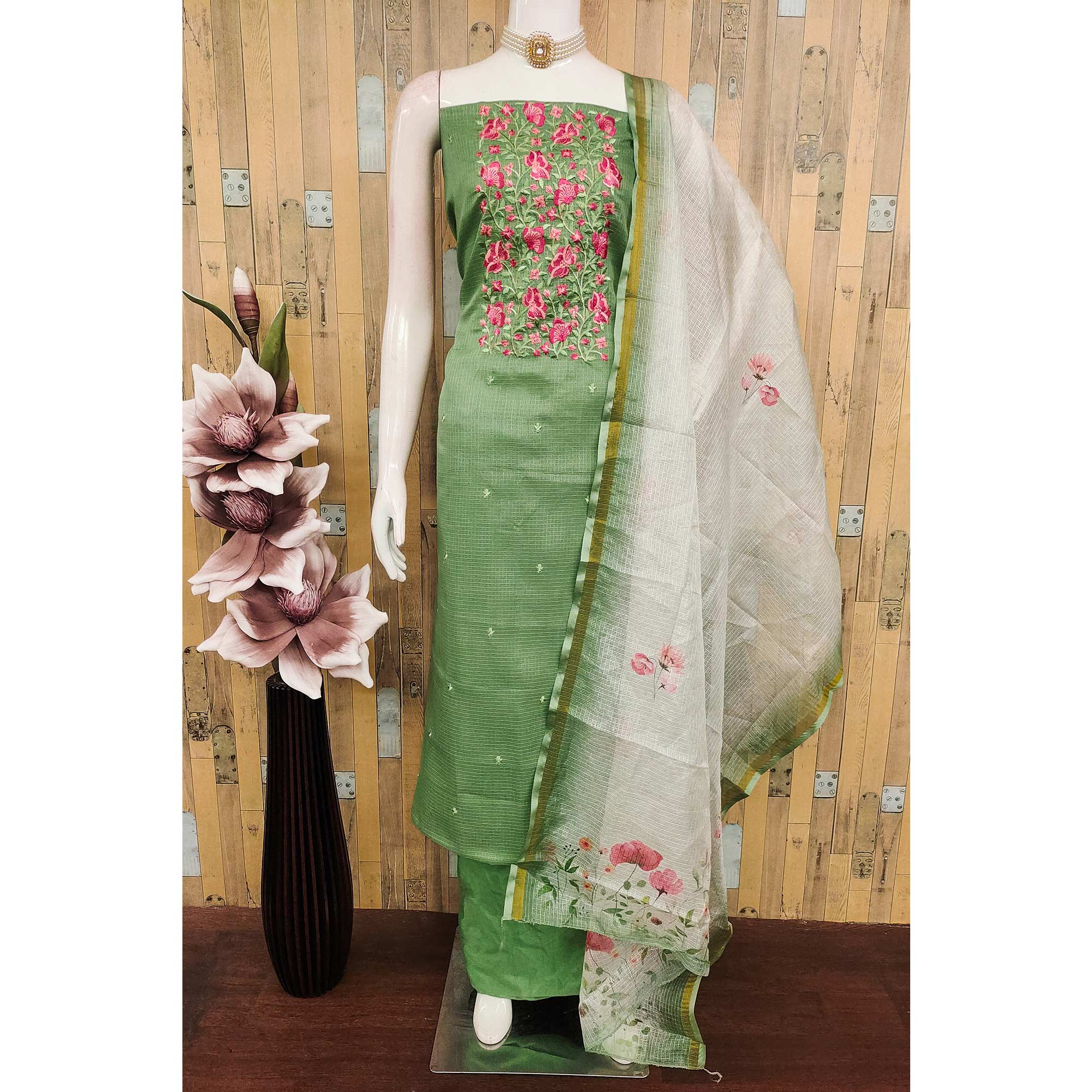 Green Kota Doria Dress Material With Intricate Floral Motifs & Sparkling Sequins Embroidery