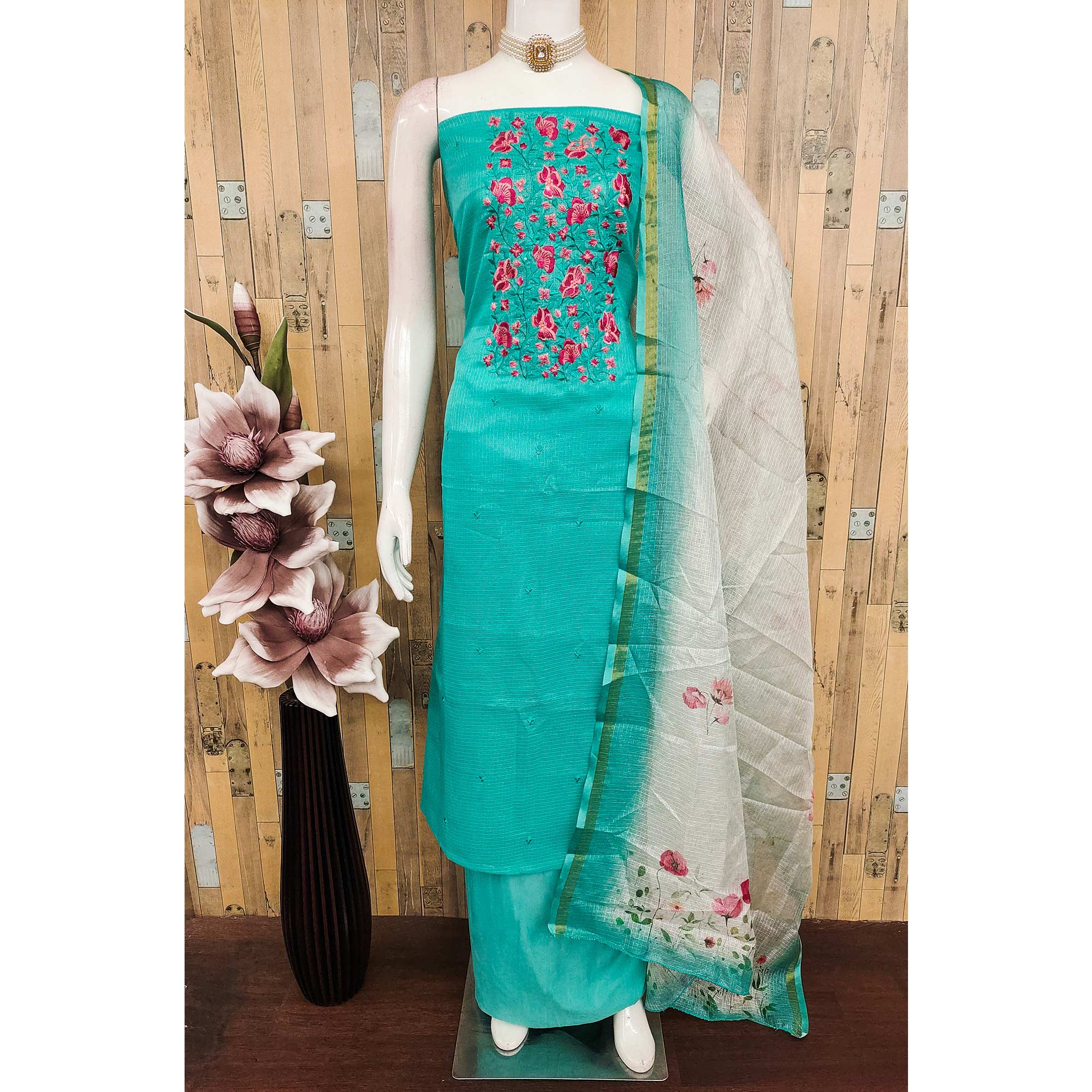 Turquoise Kota Doria Dress Material With Intricate Floral Motifs & Sparkling Sequins Embroidery
