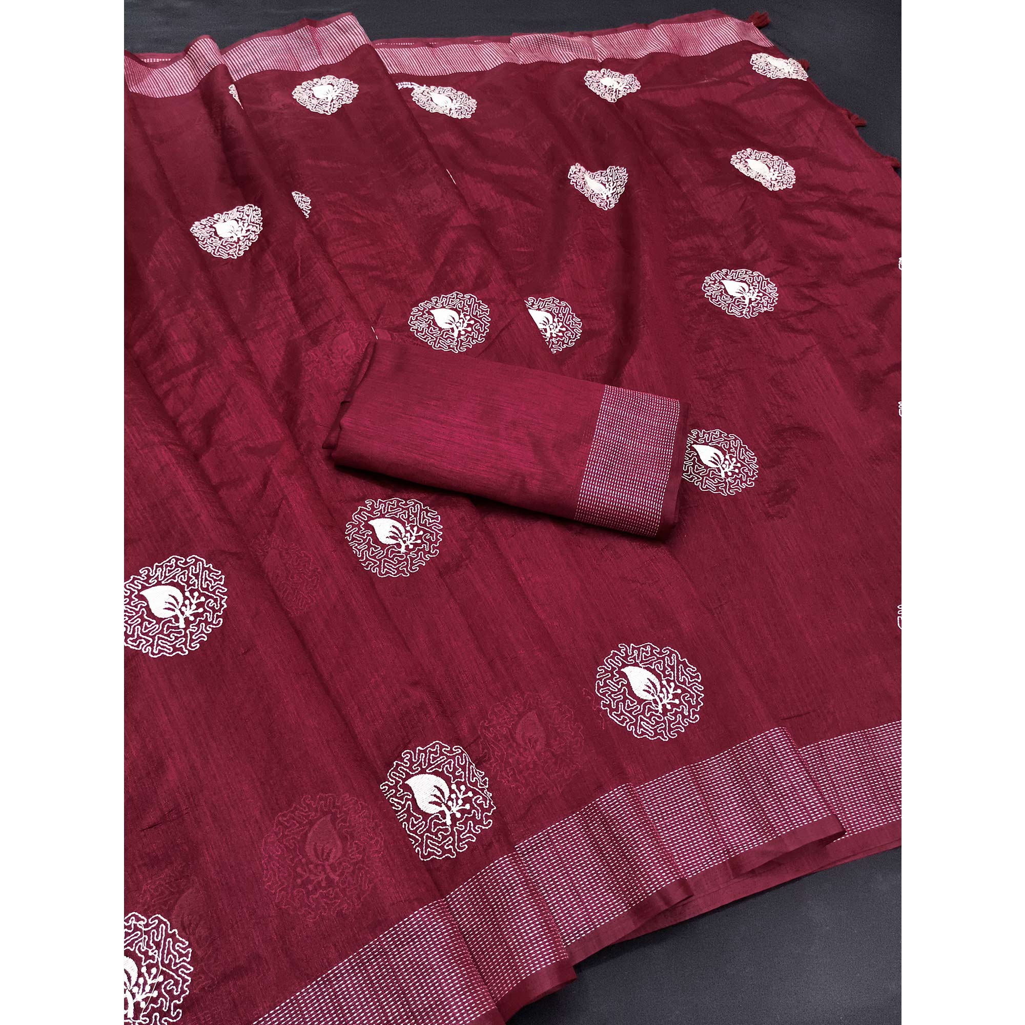 Maroon Embroidered Art Silk Saree Adorned with Classic Zari Weaving Details