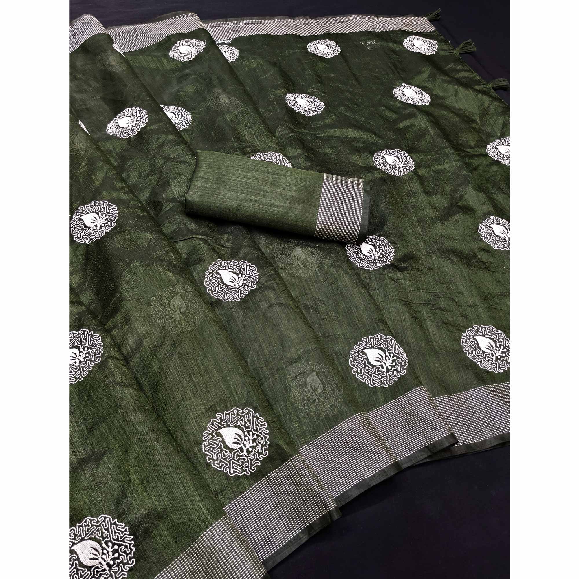 Mehendi Green Embroidered Art Silk Saree Adorned with Classic Zari Weaving Details