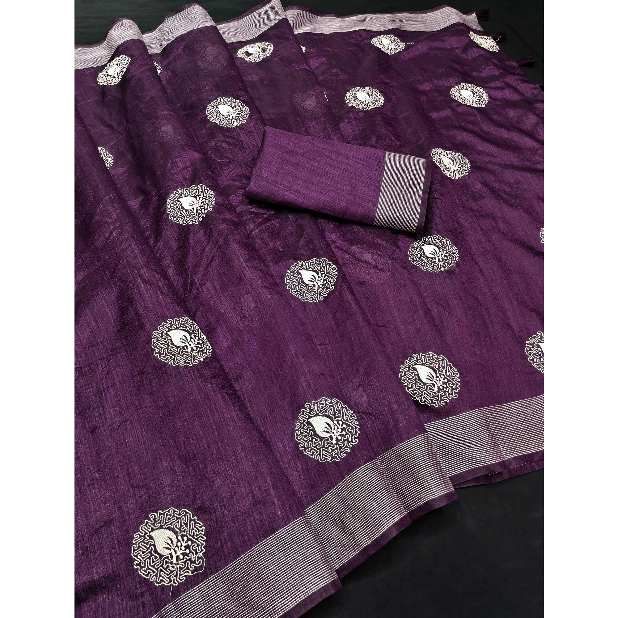 Purple Embroidered Art Silk Saree Adorned with Classic Zari Weaving Details