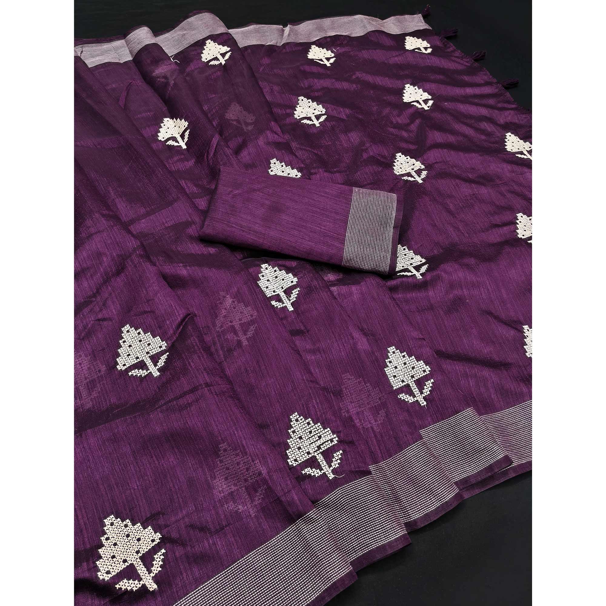 Purple Embroidered Art Silk Saree Adorned with Classic Zari Weaving Details
