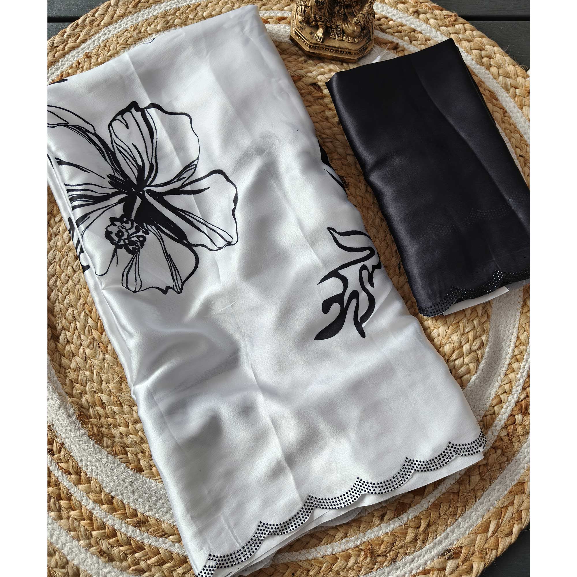 White Partywear Saree with Vibrant Floral Designs in Carbon Crepe