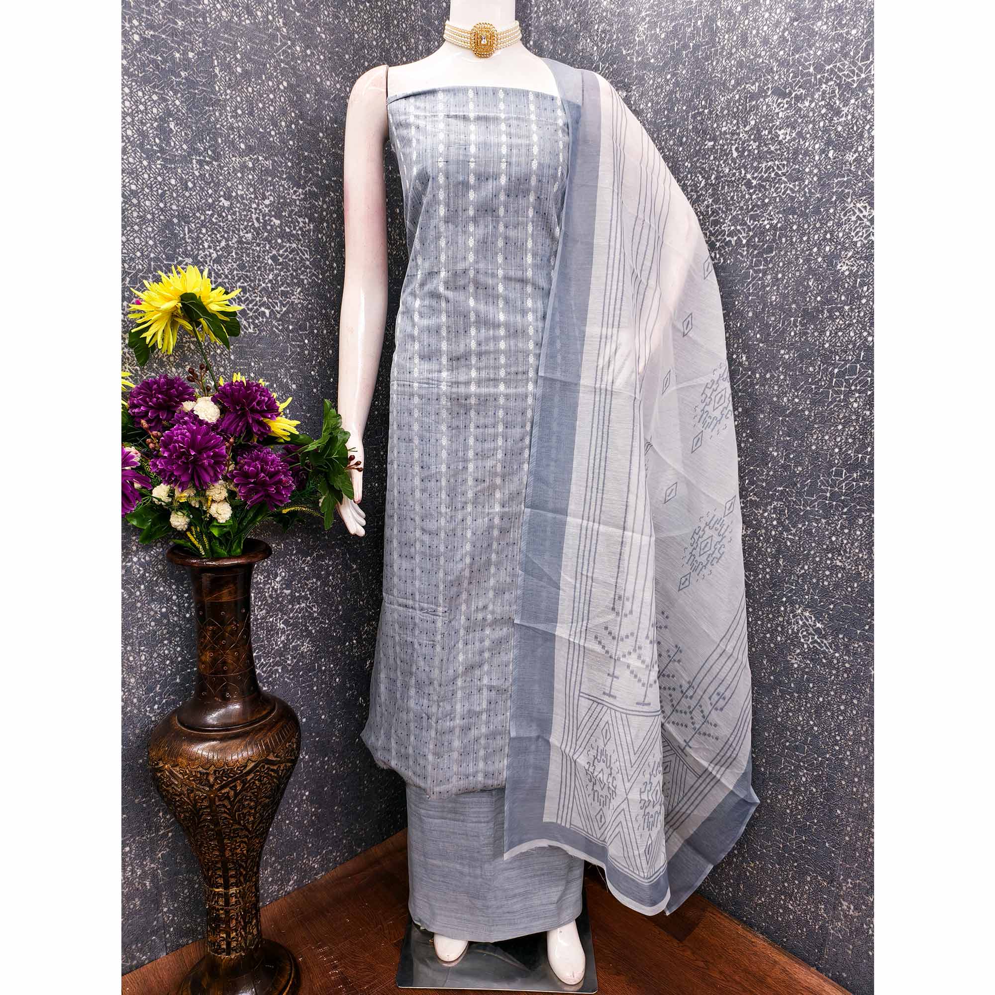 Classic Sky Blue Pure Cotton Dress Material Featuring Intricate Weaving