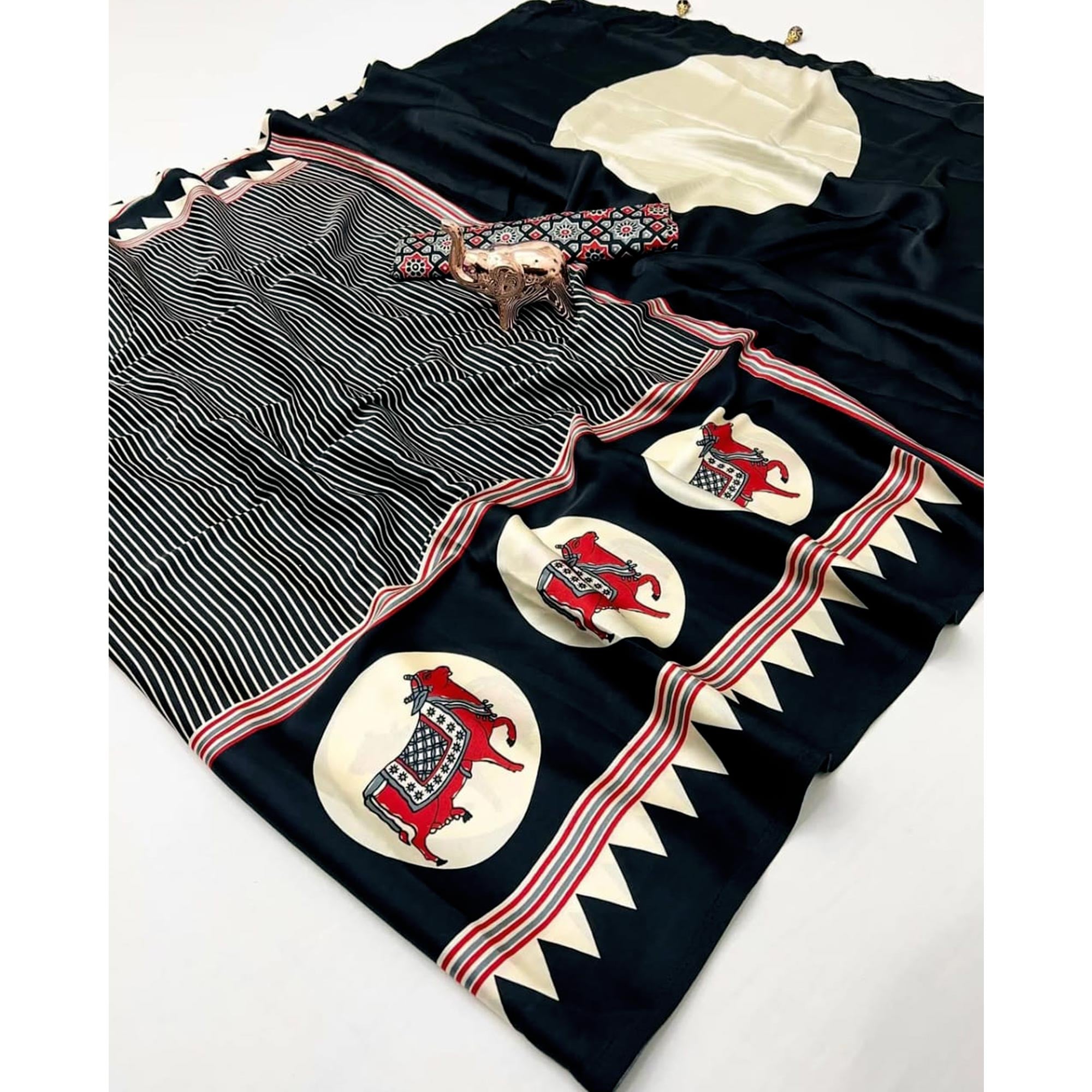 Classic Black Striped Print Saree in Luxurious Crepe Silk Fabric