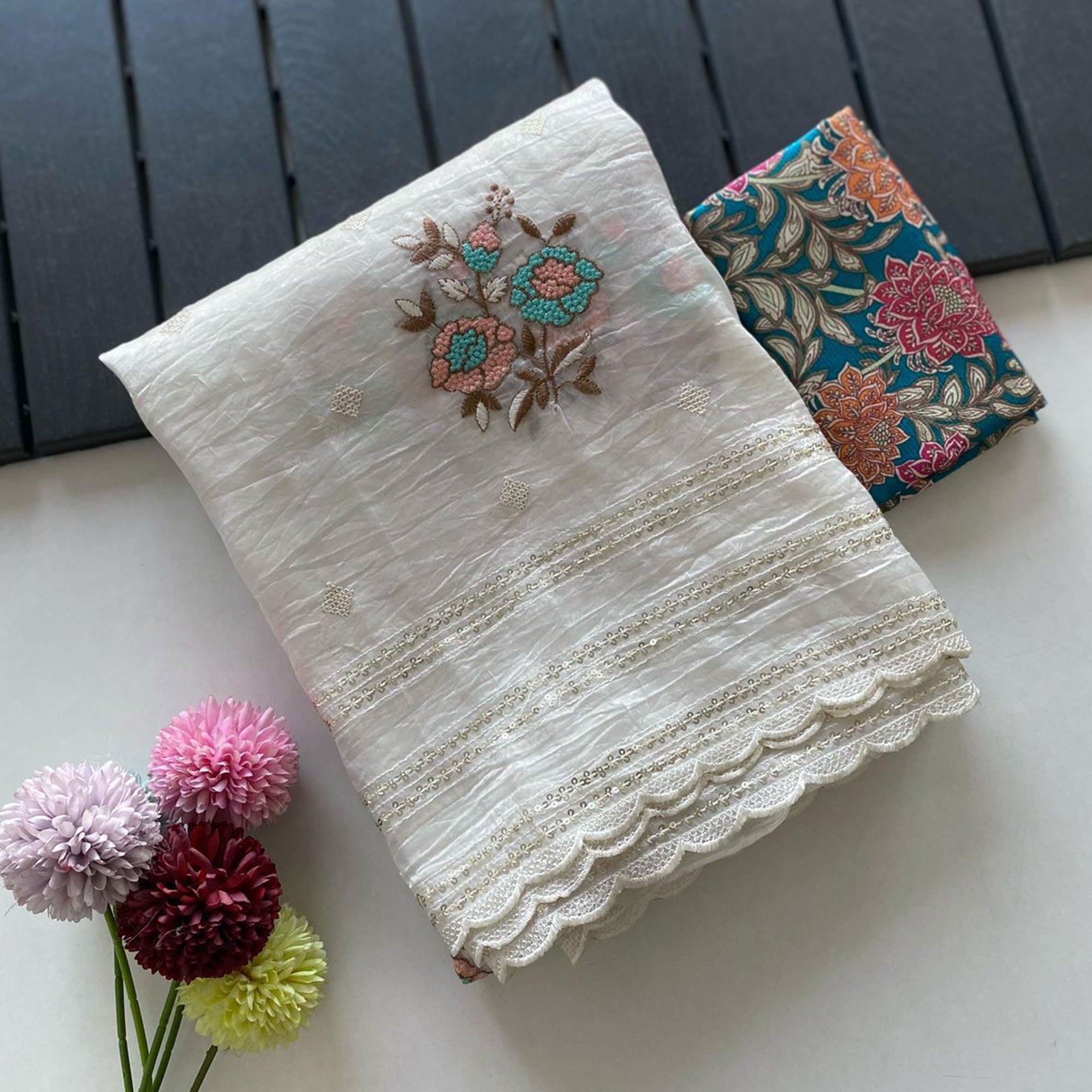 Off White Floral Embroidered Organza Saree for Special Occasions