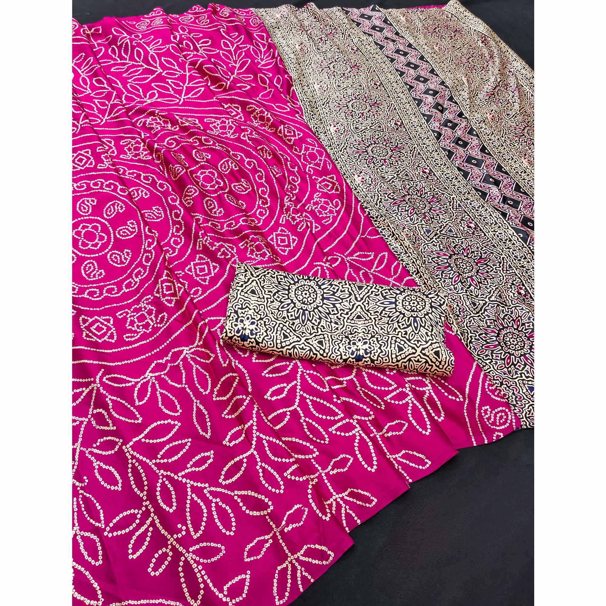 Pink Moss Satin Silk Saree Featuring Bandhani Print & Ajrakh Pallu Work