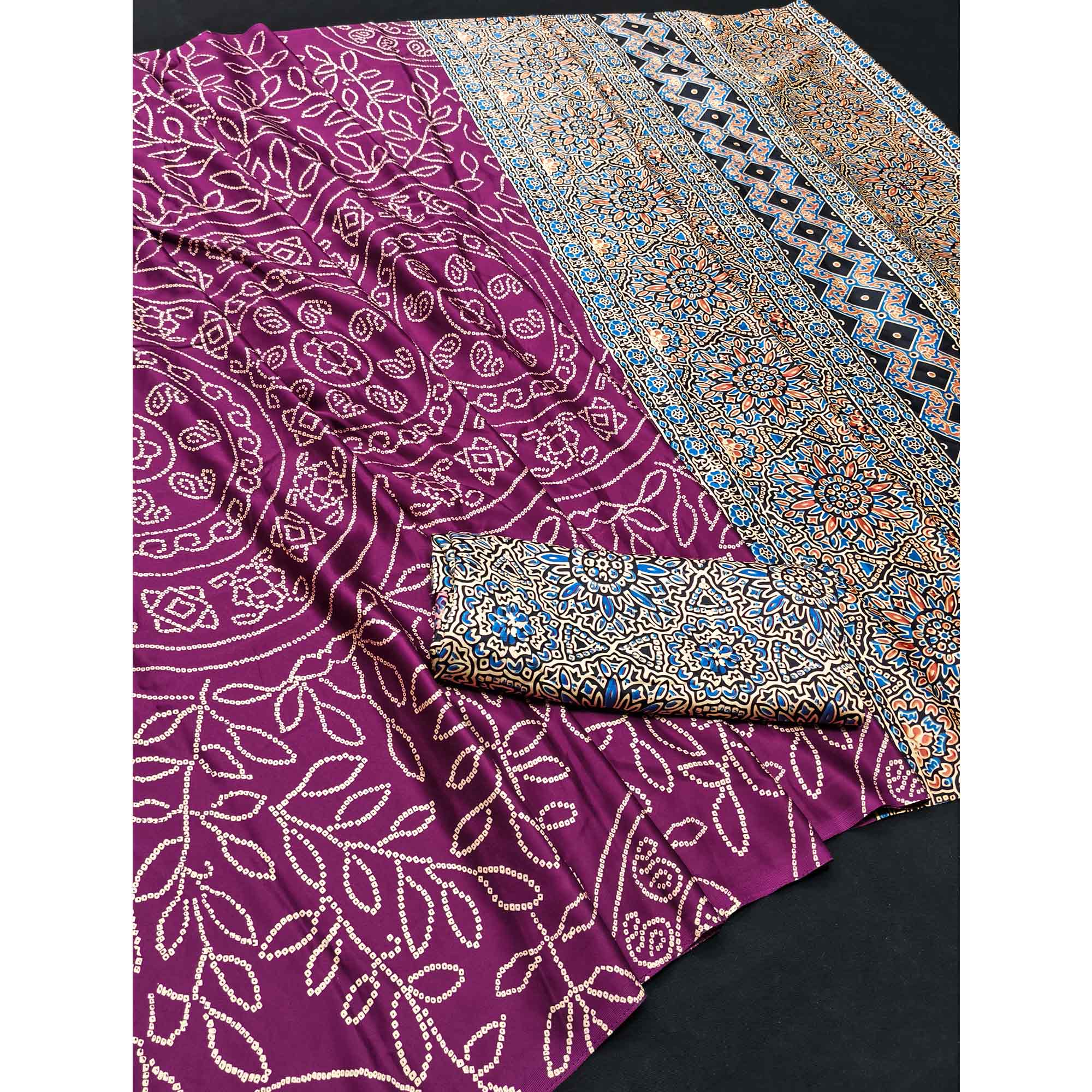 Purple Moss Satin Silk Saree Featuring Bandhani Print & Ajrakh Pallu Work