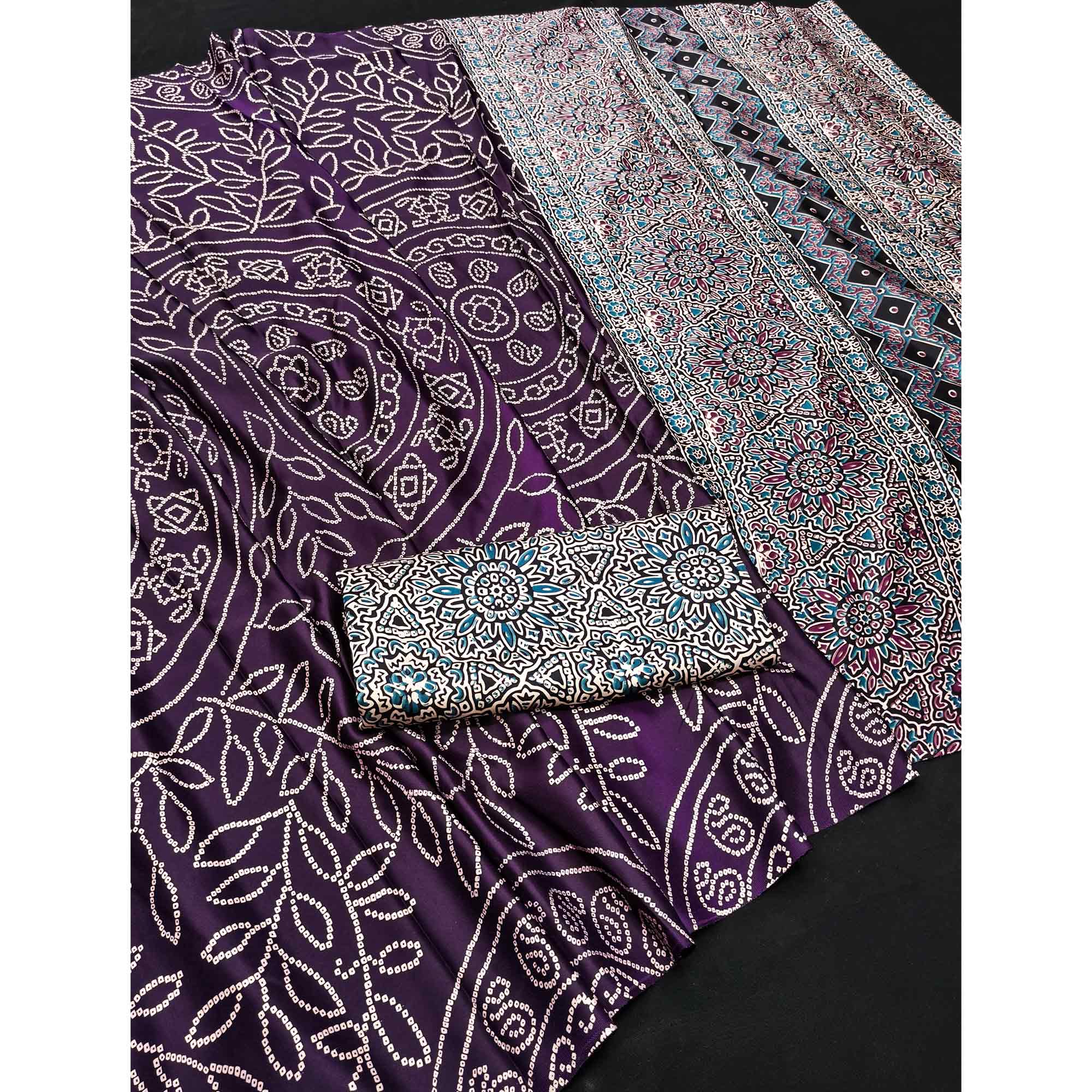 Violet Moss Satin Silk Saree Featuring Bandhani Print & Ajrakh Pallu Work